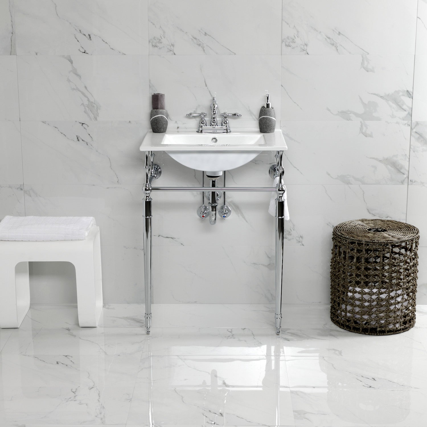 Kingston Heirloom KVPB24187W4CP - Edwardian 24-Inch Ceramic Console Sink with Brass Legs (4-Inch, 3-Hole), White/Polished Chrome