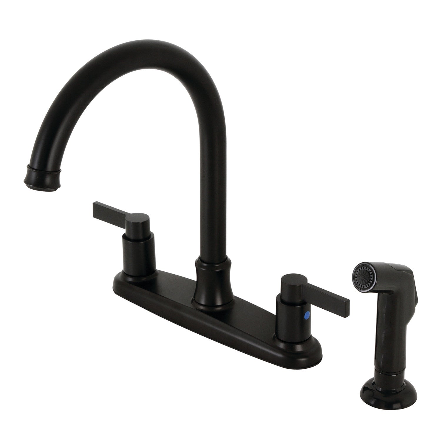 Kingston Tulare FB7790NDLSP - NuvoFusion Robinet de cuisine à deux poignées 4 trous 8" avec pulvérisateur latéral, noir mat
