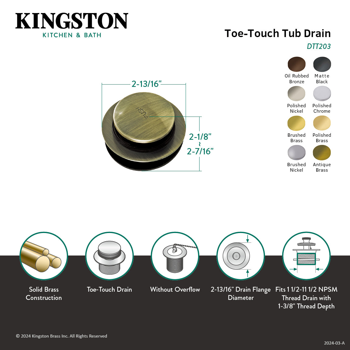 Kingston Tulare DTT200MB - Made To Match Brass Toe Touch Tub Drain, Matte Black