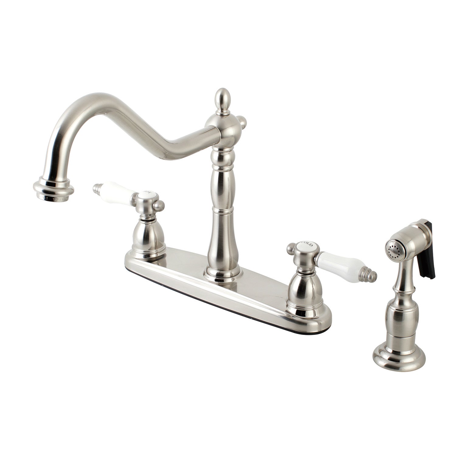 Kingston Heirloom KB1758BPLBS - Bel-Air à deux poignées 4 trous 8" Centerset Robinet de cuisine avec pulvérisateur en laiton, nickel brossé