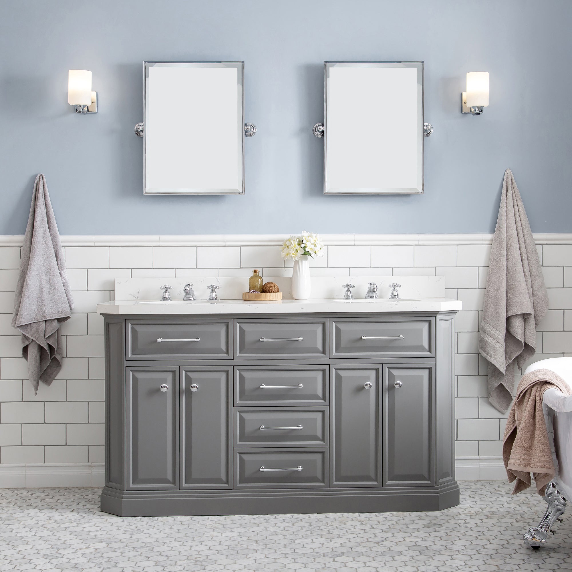 Kingston Luxe PA60QZ01CG - 60 in. x 22 in. Bathroom Vanity Quartz Top and White Basin, Cashmere Grey