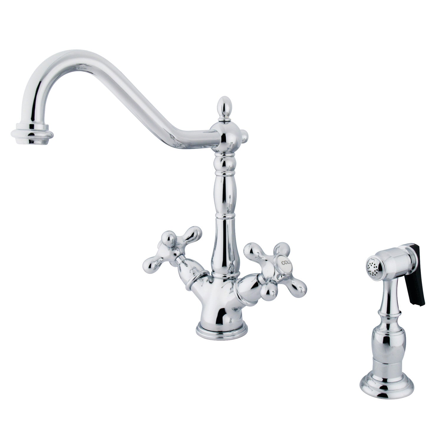 Kingston Heirloom KS1231AXBS - Robinet de cuisine à deux poignées Heritage 2-or-4 avec pulvérisateur en laiton, chrome poli