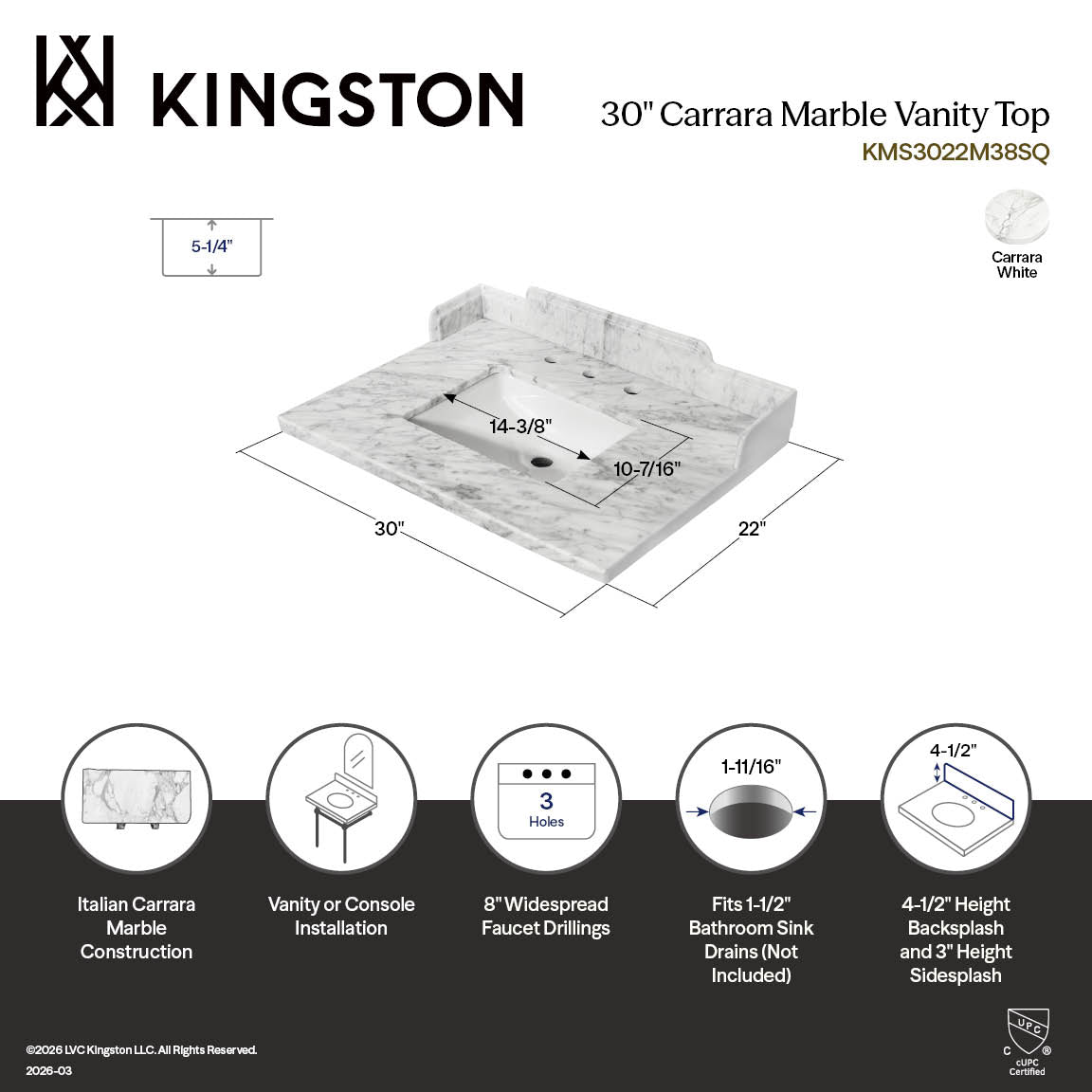 Kingston Heirloom KMS3022M38SQ - Pemberton 30-Inch Carrara Marble Vanity Sink Top (8" Faucet Drillings), Carrara White