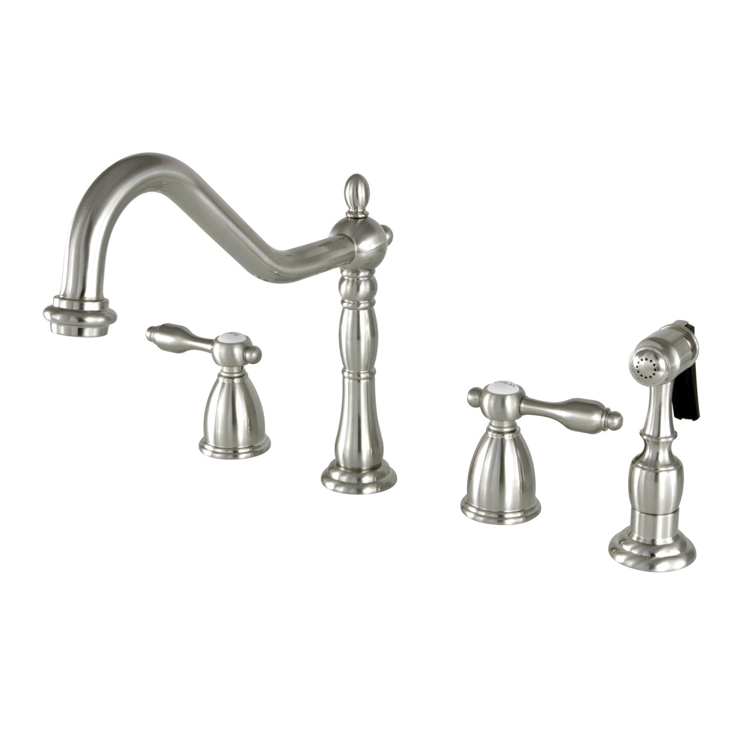 Kingston Heirloom KB1798TALBS - Robinet de cuisine à double poignée Tudor 4 trous avec pulvérisateur en laiton, nickel brossé