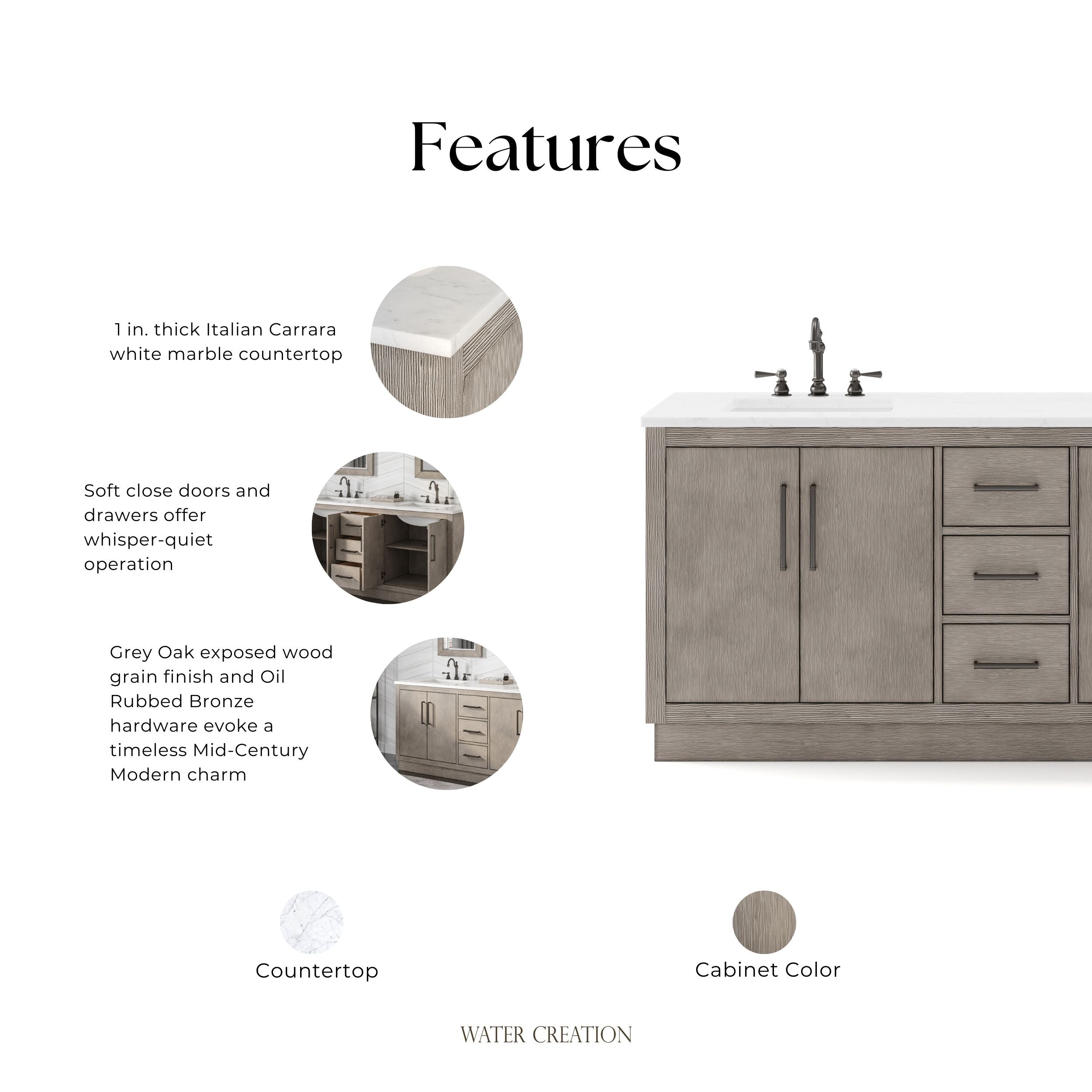 Kingston Luxe HU72CW03GK - 72 in. x 22 in. Bathroom Vanity Marble Top and White Basin, Grey Oak