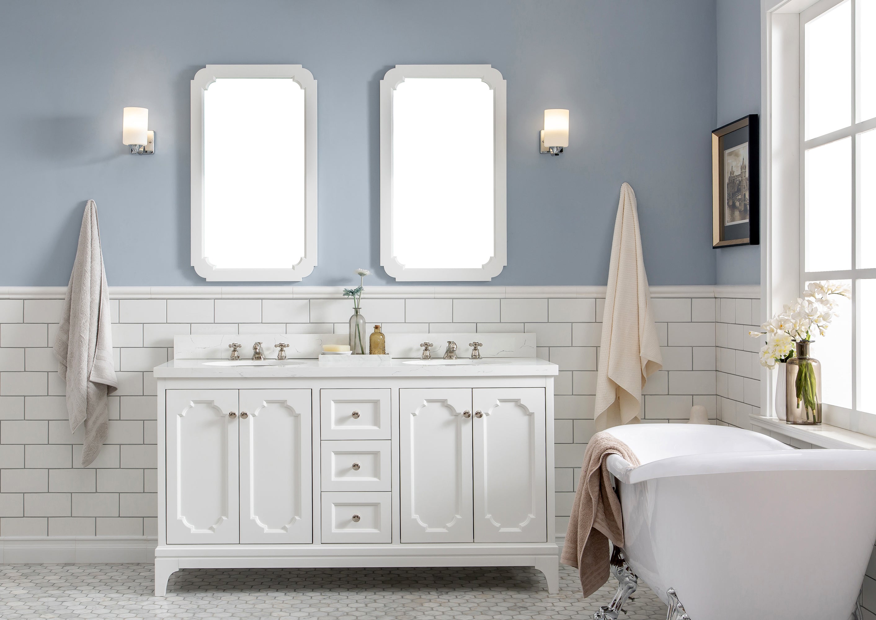 Kingston Luxe QU60QZ05PW - 60 in. x 22 in. Bathroom Vanity Quartz Carrara Top and White Ceramic Basins, Pure White