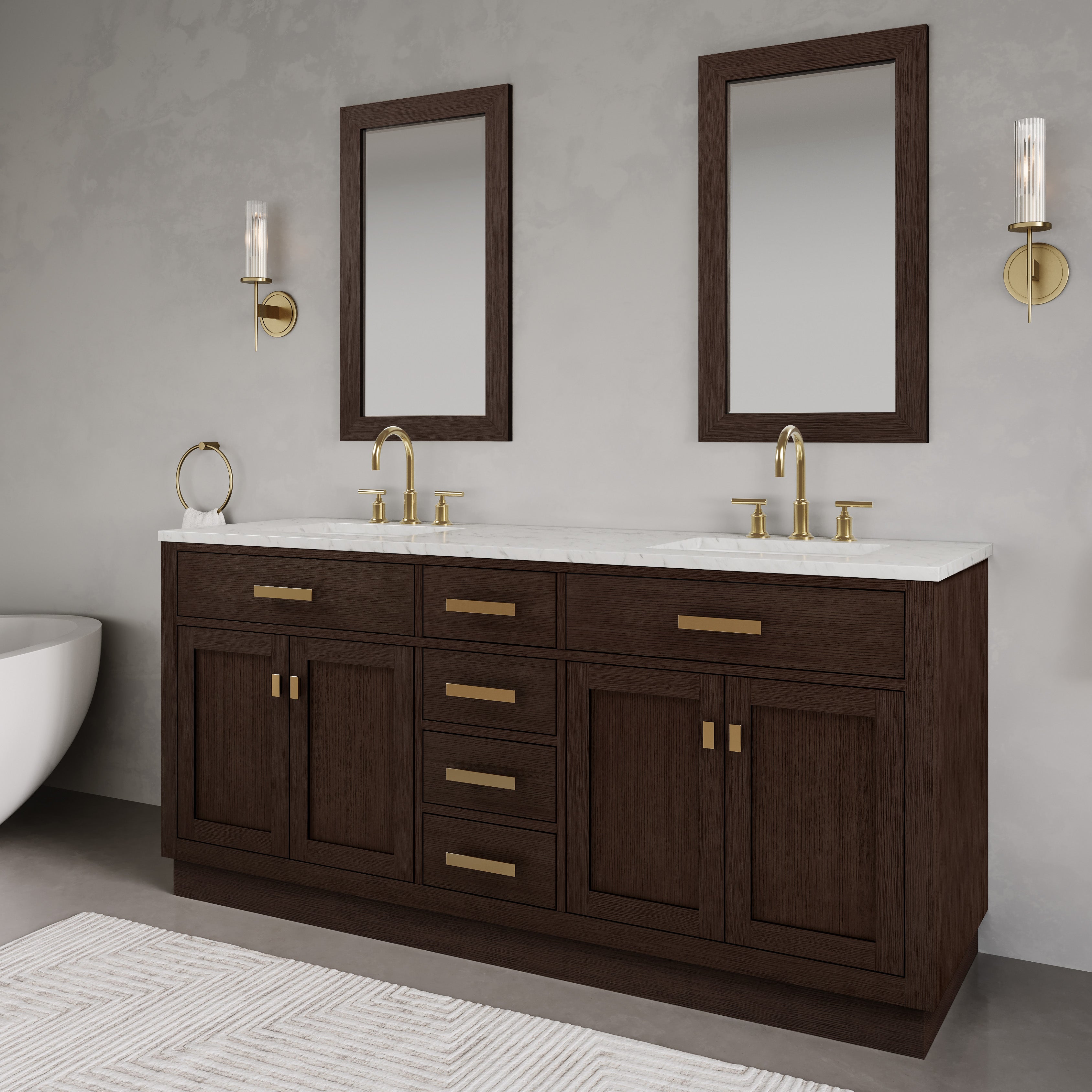 Kingston Luxe CH72CW06BK - 72 in. x 21.5 in. Bathroom Vanity Marble Top and White Basin, Brown Oak