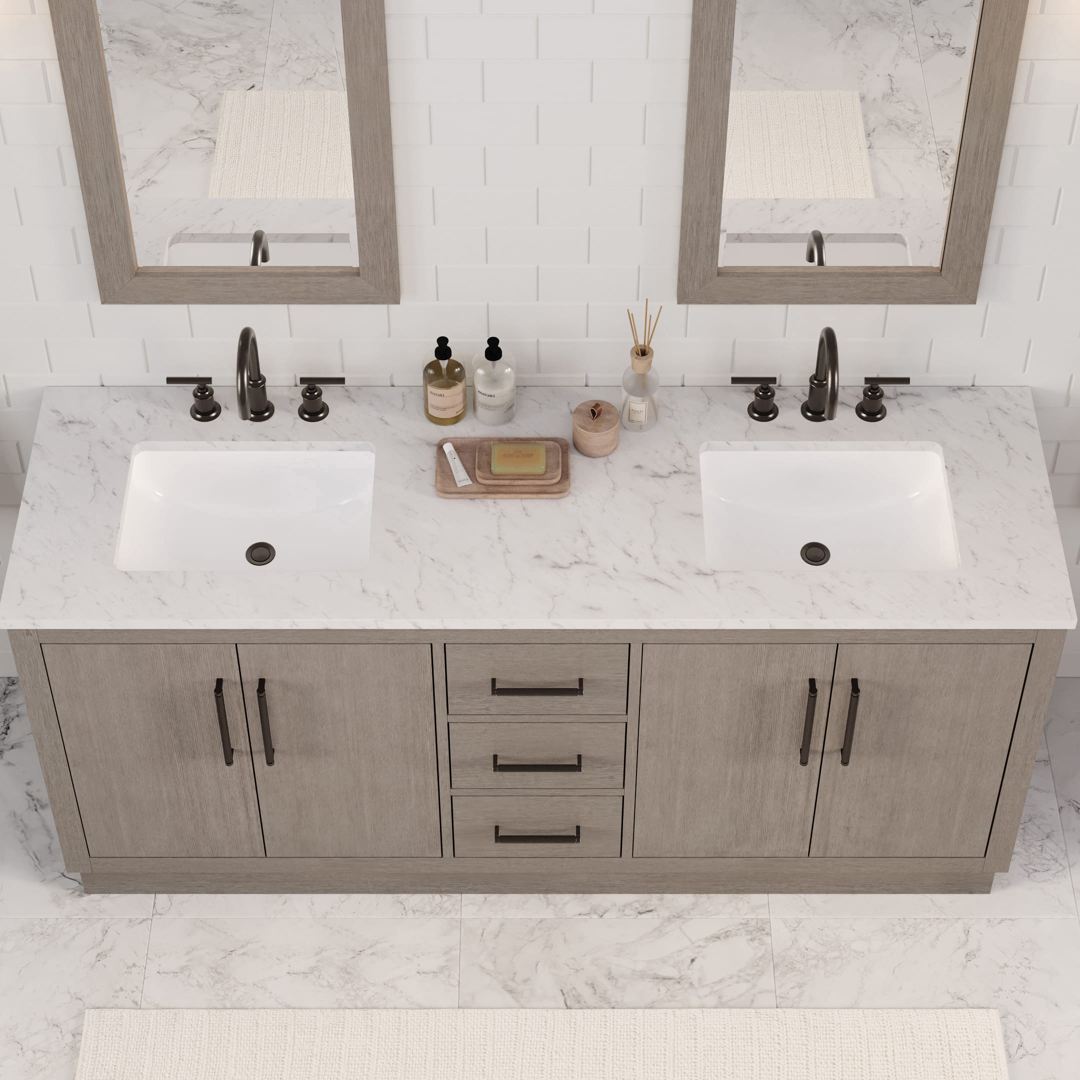 Kingston Luxe HU72CW03GK - 72 in. x 22 in. Bathroom Vanity Marble Top and White Basin, Grey Oak