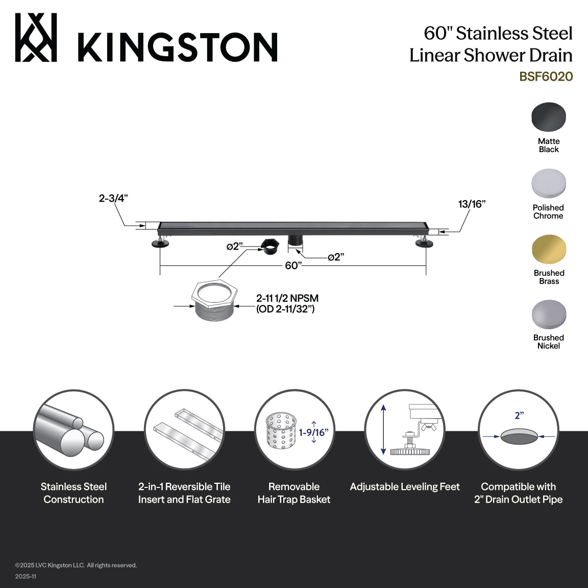 Kingston Watercourse BSF6028 60-Inch Stainless Steel Linear Shower Drain with Reversible Tile Insert and Flat Grate, Brushed Nickel
