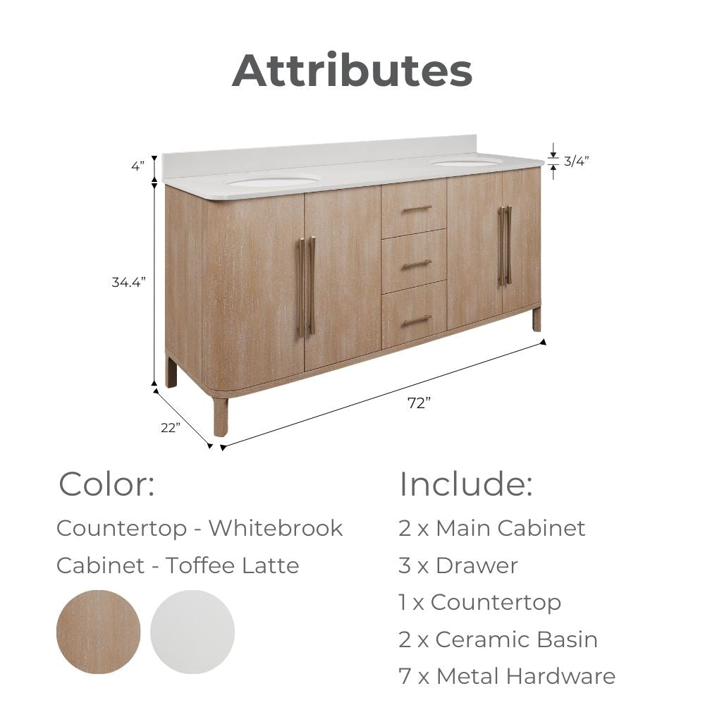 Kingston Luxe CI72EM08TL - 72 in. x 22 in. Bathroom Vanity Double Sink Freestanding with Whitebrook Engineered Marble Top, Toffee Latte