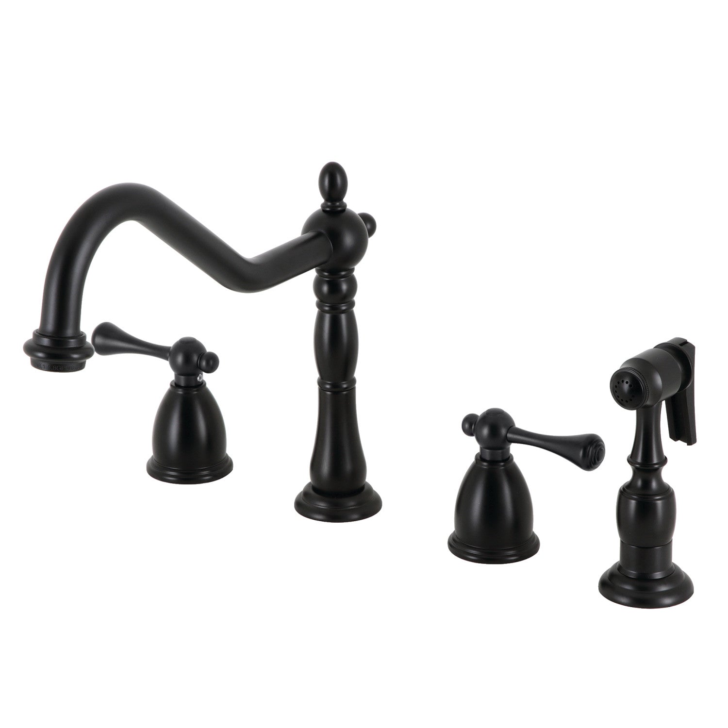 Kingston Heirloom KB1790BLBS - Robinet de cuisine à double poignée Heritage 4 trous avec pulvérisateur en laiton, noir mat