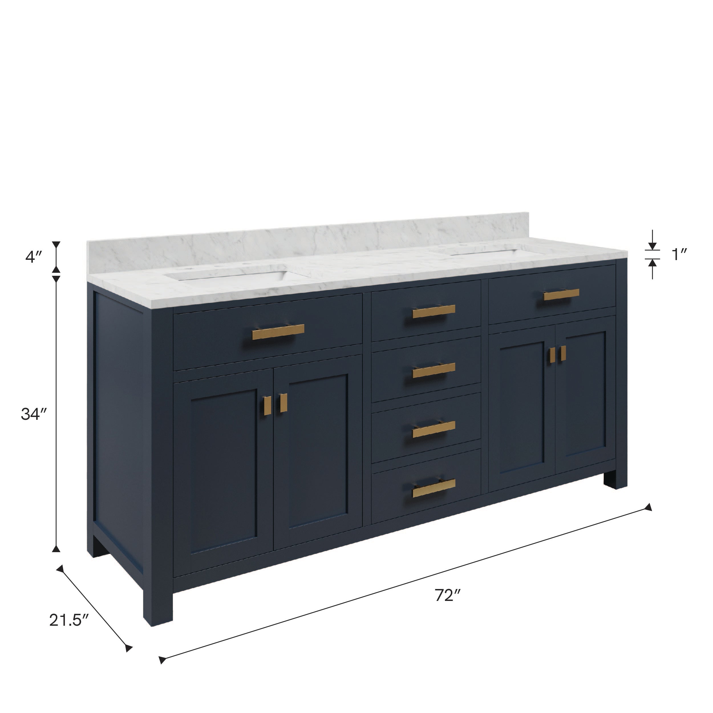 Kingston Luxe MS72CW06MB - 72 in. x 21.5 in. Bathroom Vanity Carrara White Marble Top and White Basins, Monarch Blue