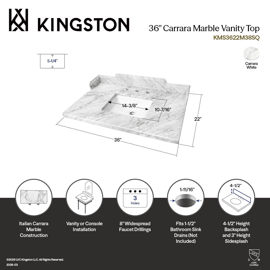 Kingston Heirloom KMS3622M38SQ - Pemberton 36-Inch Carrara Marble Vanity Sink Top (8" Faucet Drillings), Carrara White