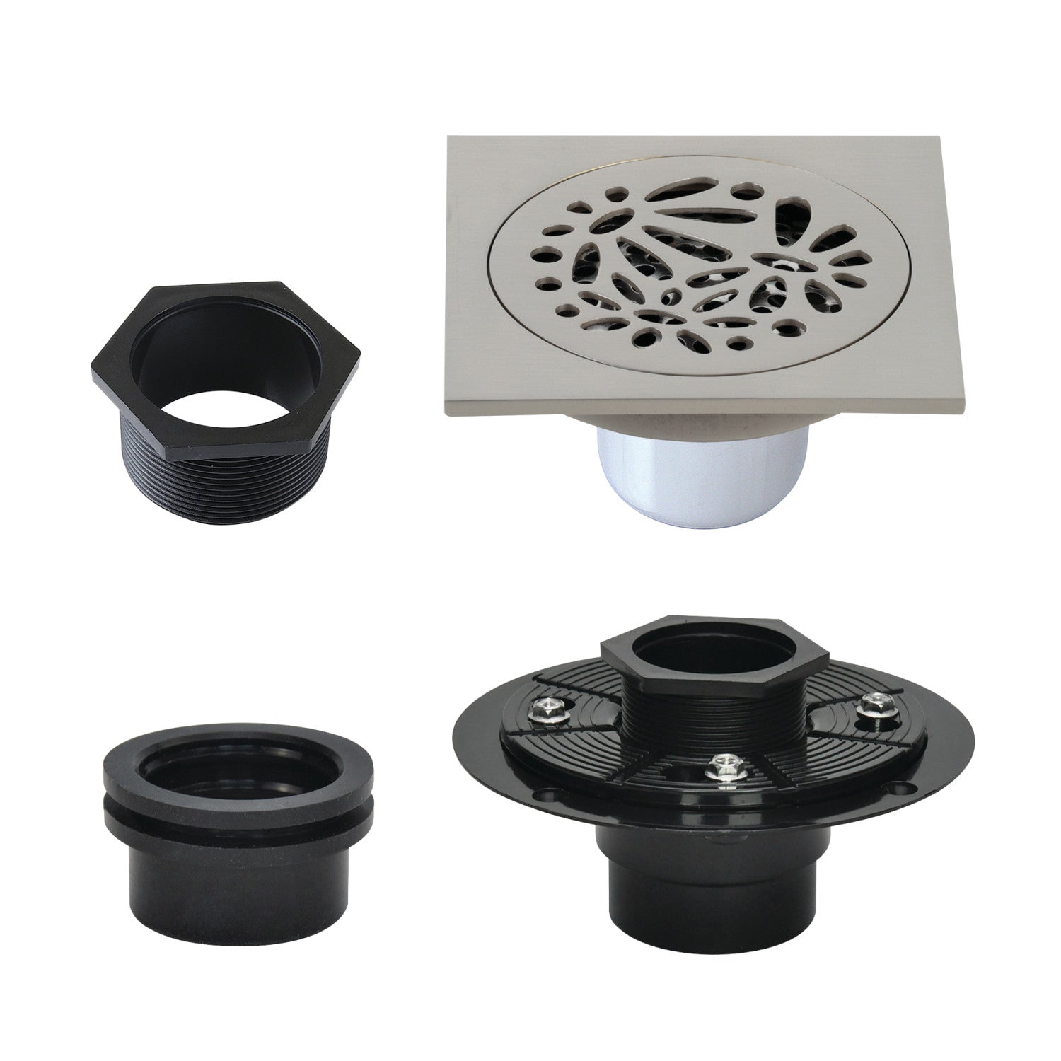 Kingston Watercourse BSFK6360BN 4-Inch Brass Square Grid Shower Drain with Hair Strainer and Base Flange, Brushed Nickel