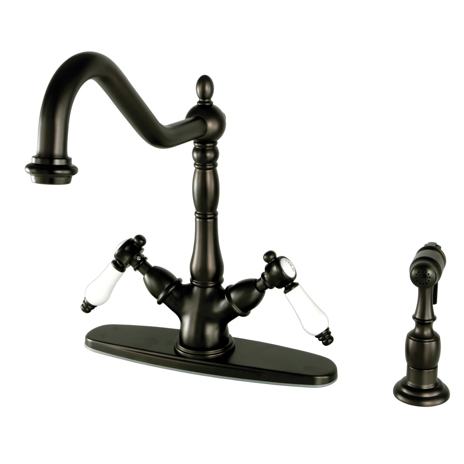 Kingston Heirloom KS1235BPLBS - Bel-Air Deux-Poignées 2-or-4 Trou Robinet de Cuisine avec Pulvérisateur en Laiton, Bronze Rubbé à l'huile