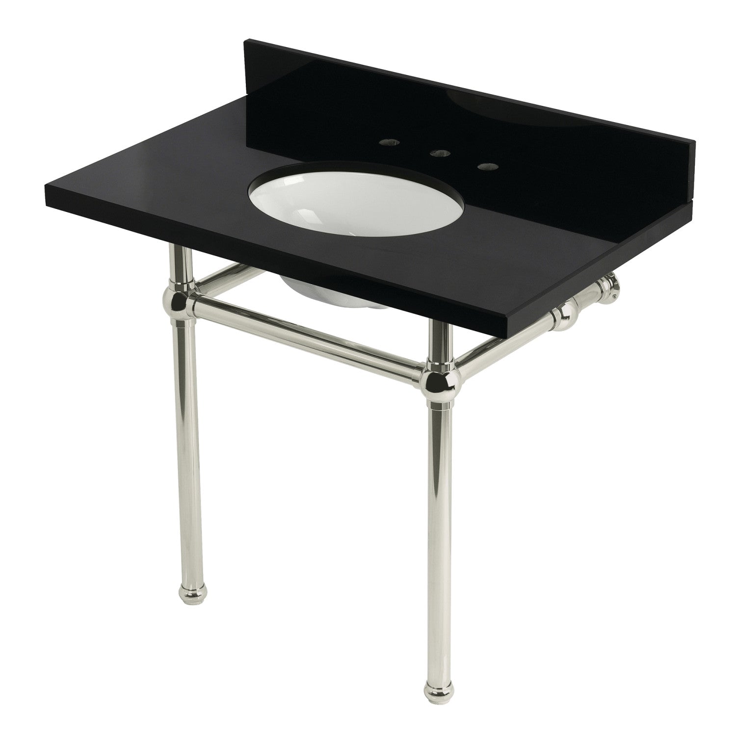 Kingston Heirloom KVPK3630KB6 - Évier à console en granit noir Templeton 36-inch avec pieds en laiton (8-inch, 3-hole), granit noir/nickel poli