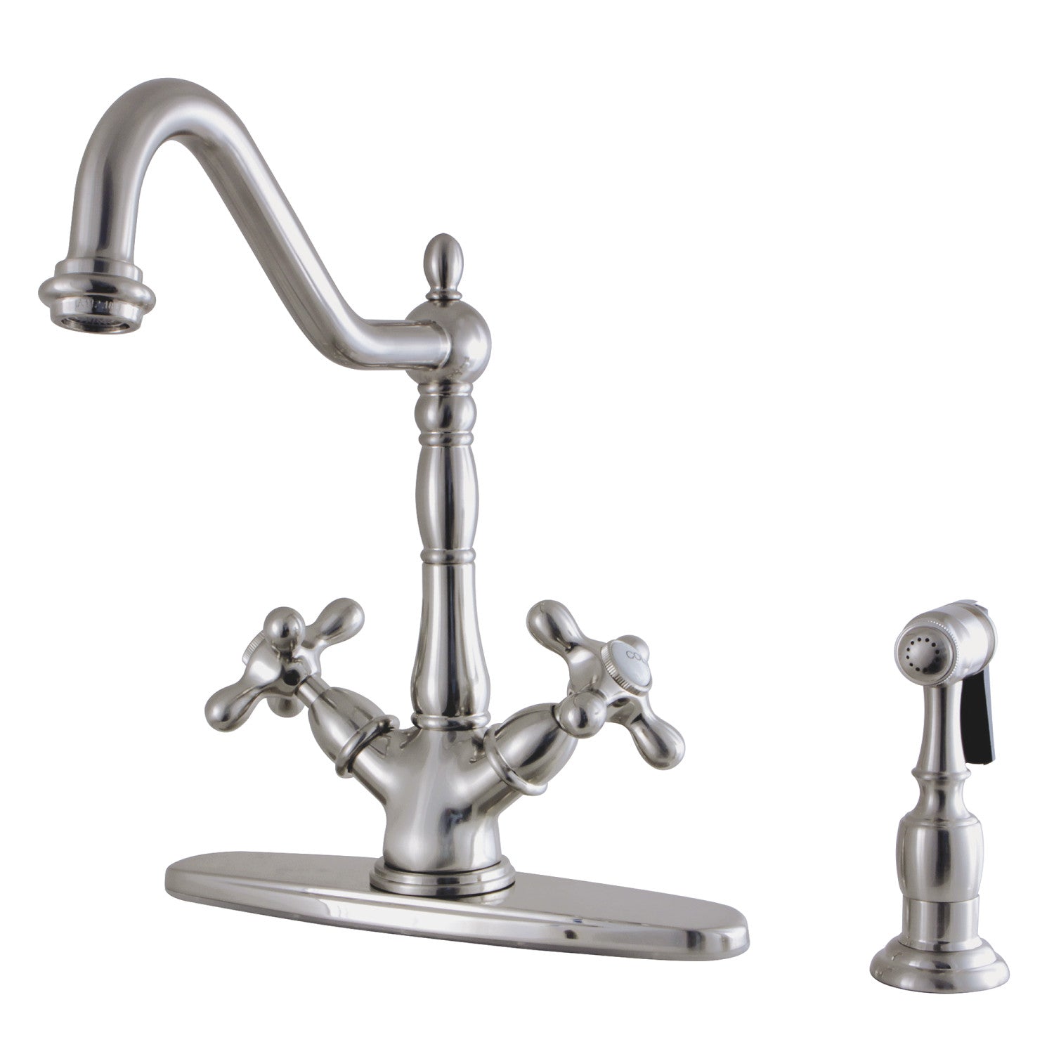 Kingston Heirloom KS1238AXBS - Robinet de cuisine à deux poignées Heritage 2-or-4 avec pulvérisateur en laiton, nickel brossé