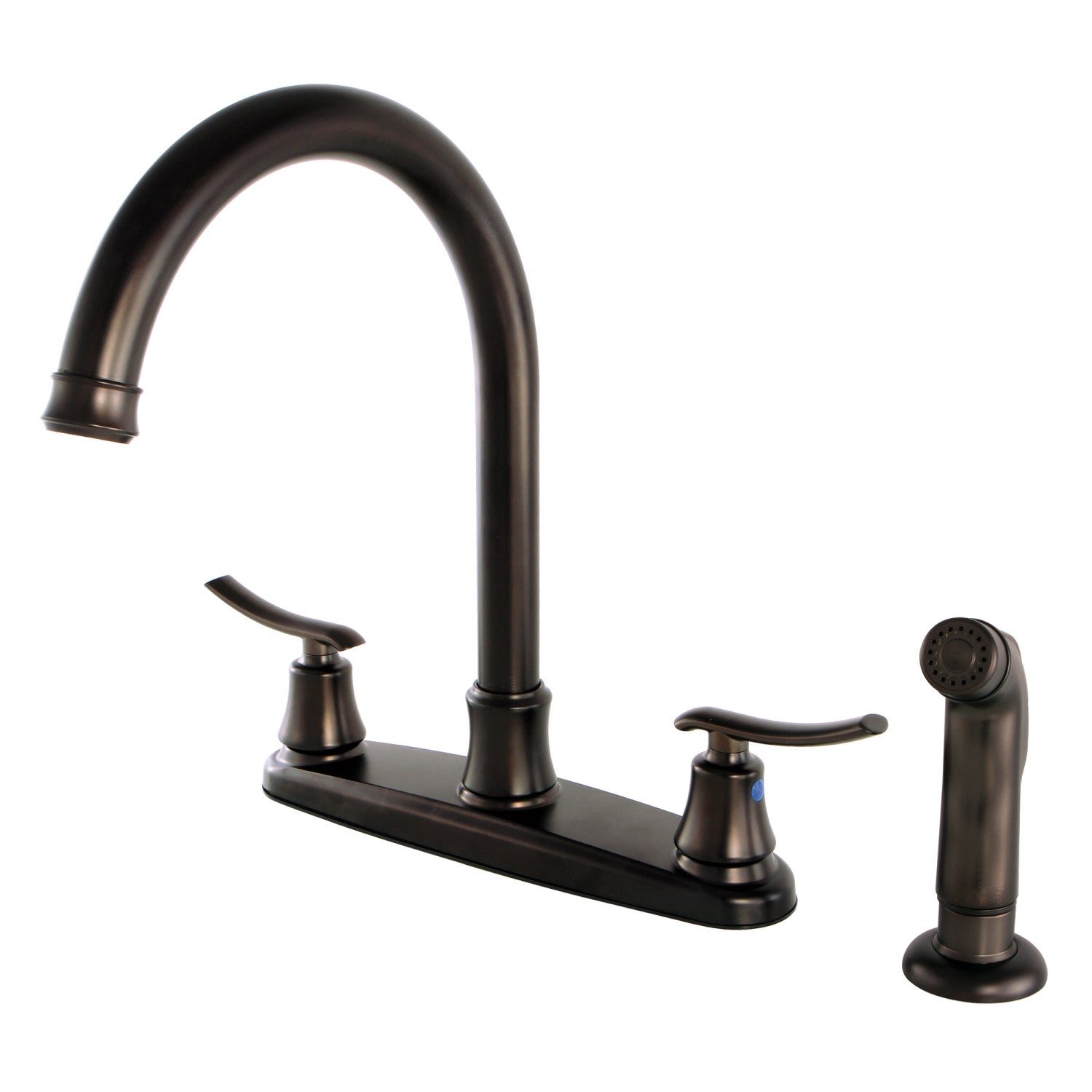 Kingston Tulare FB7795JLSP - Robinet de cuisine central à deux poignées Jamestown 4 trous 8" avec pulvérisateur latéral, bronze huilé