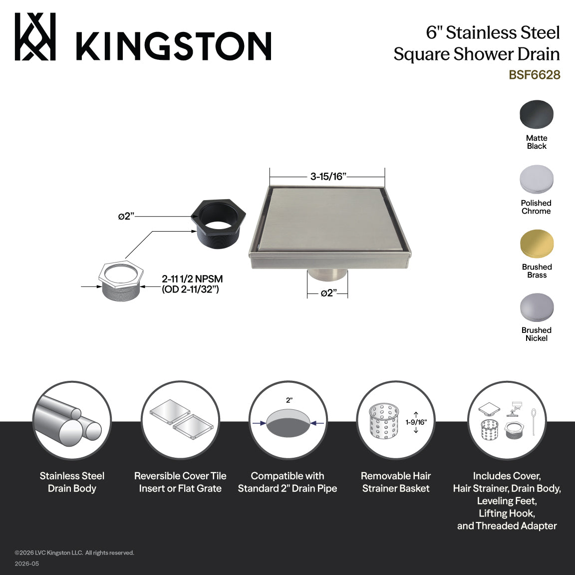 Kingston Watercourse BSF6628 6-Inch Stainless Steel Square Shower Drain with Hair Catcher, Brushed Nickel