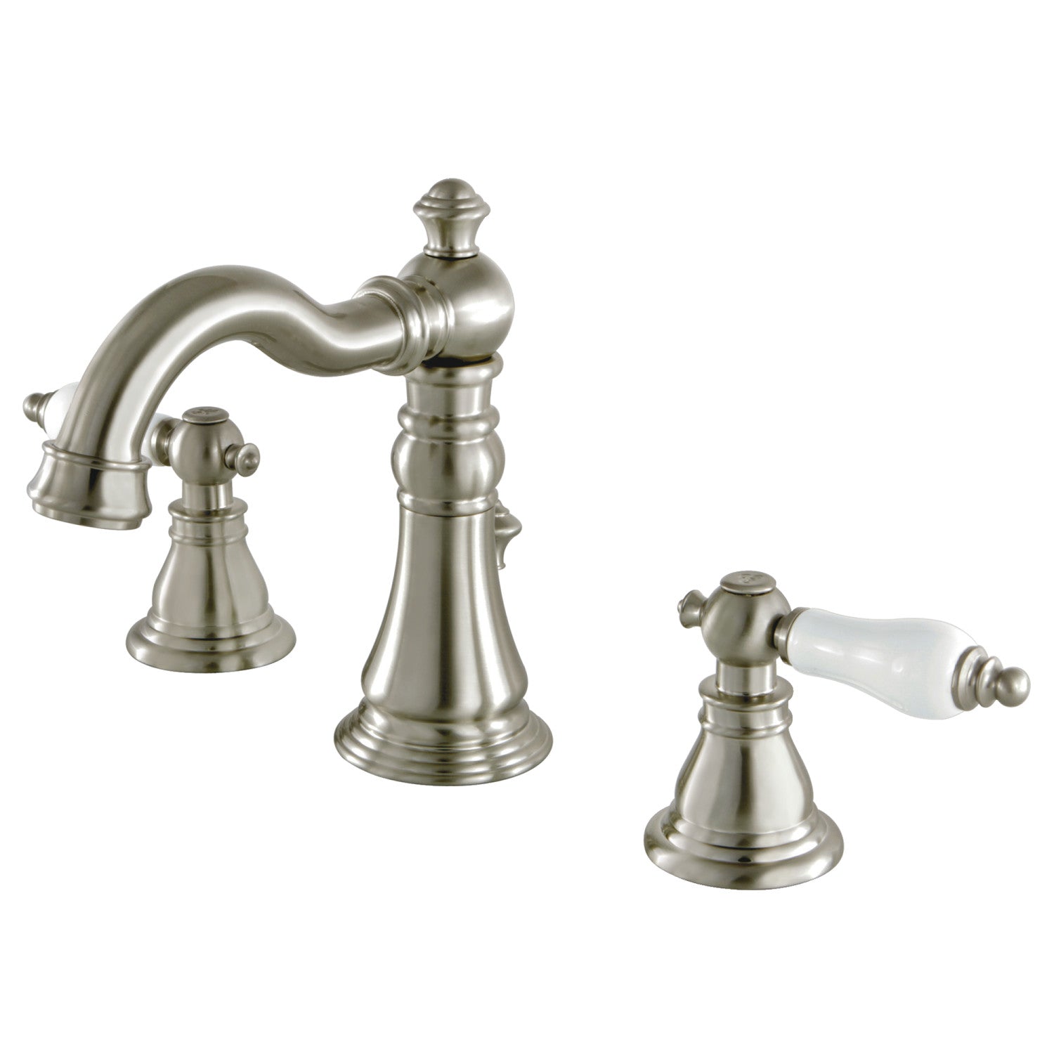 Kingston Heirloom FSC1978APL - American Patriot Two-Handle 3-Hole Deck Mount Widespread Bathroom Faucet with Pop-Up Drain, Brushed Nickel