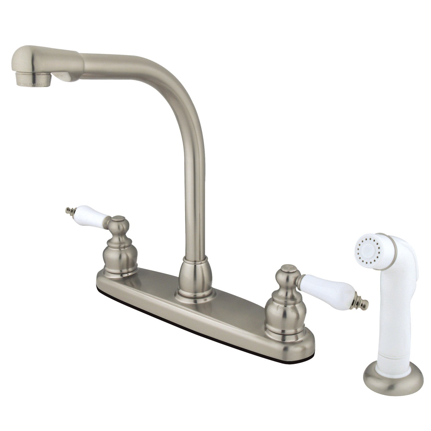 Kingston Tulare KB718 - Victorian à deux poignées 4 trous 8" Centerset Robinet de cuisine avec pulvérisateur latéral, Nickel brossé