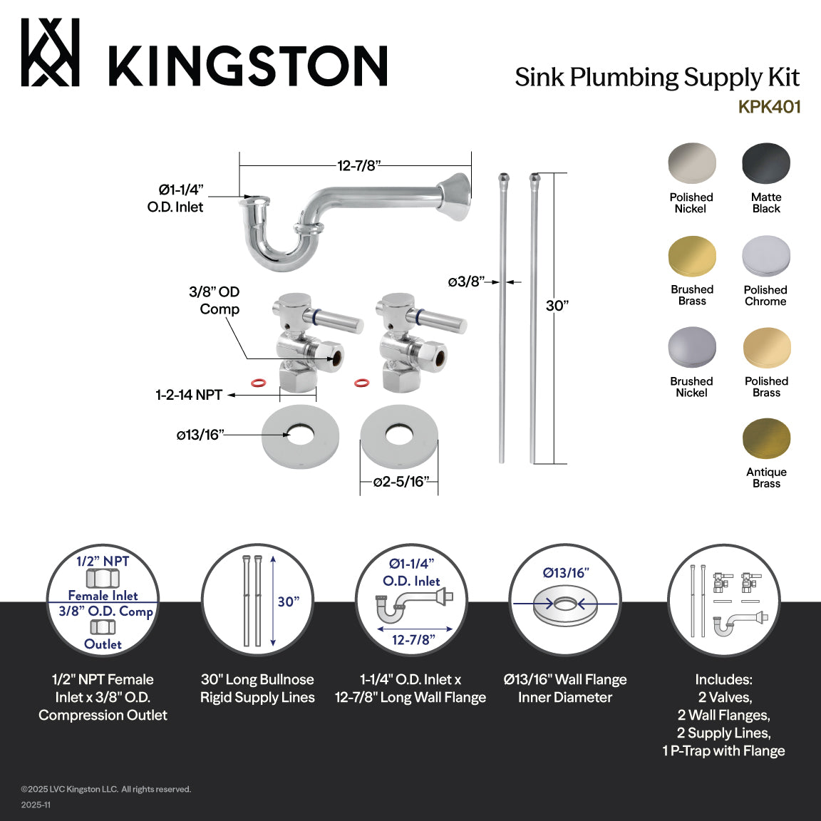 Kingston Tulare KPK407 - Concord Modern Plumbing Sink Trim Kit with P-Trap, Brushed Brass