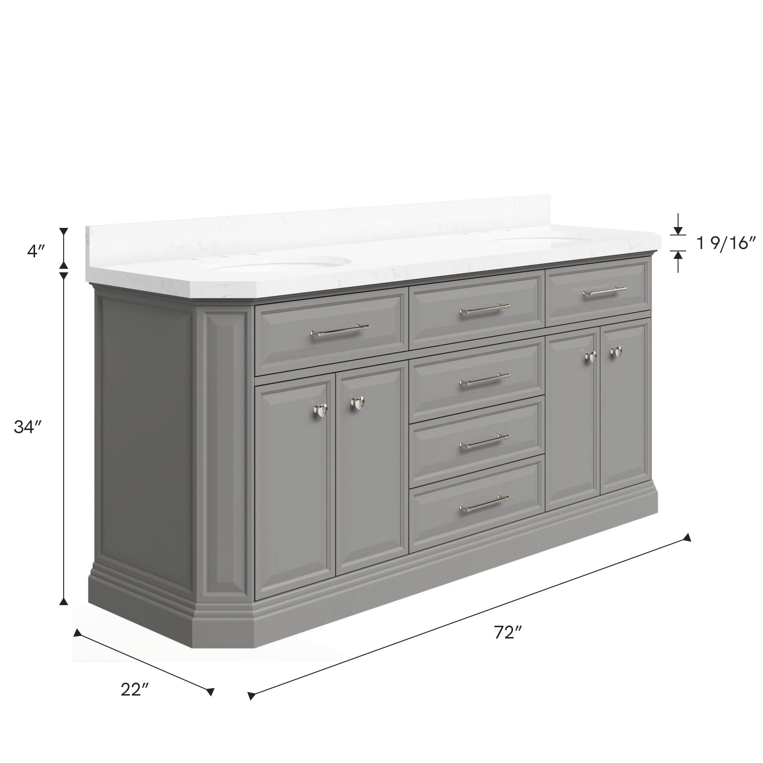Kingston Luxe PA72QZ05CG - 72 in. x 22 in. Bathroom Vanity Quartz Top and White Basin, Cashmere Grey