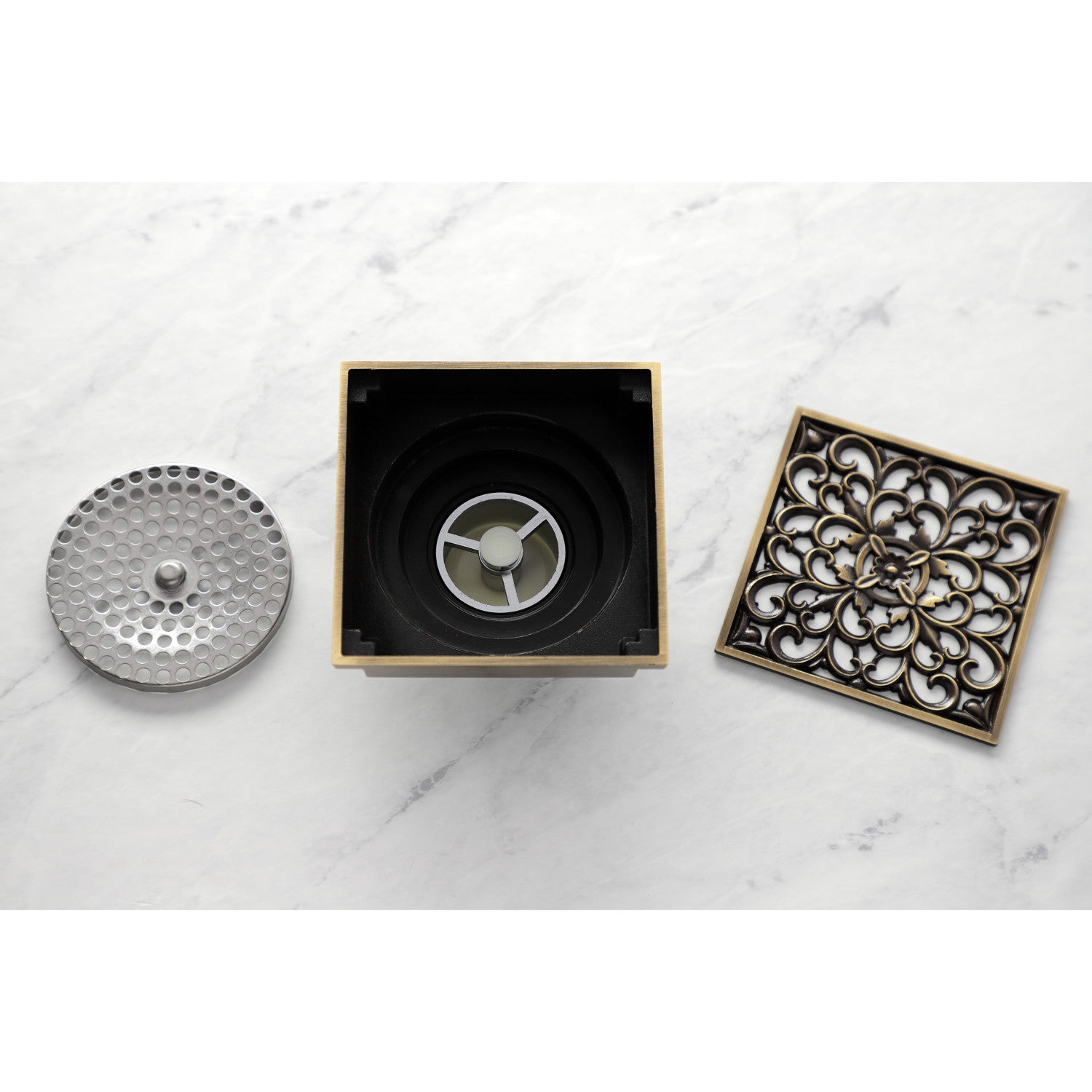 Kingston Watercourse BSF9771AB 4-Inch Brass Square Grid Shower Drain with Hair Strainer, Antique Brass
