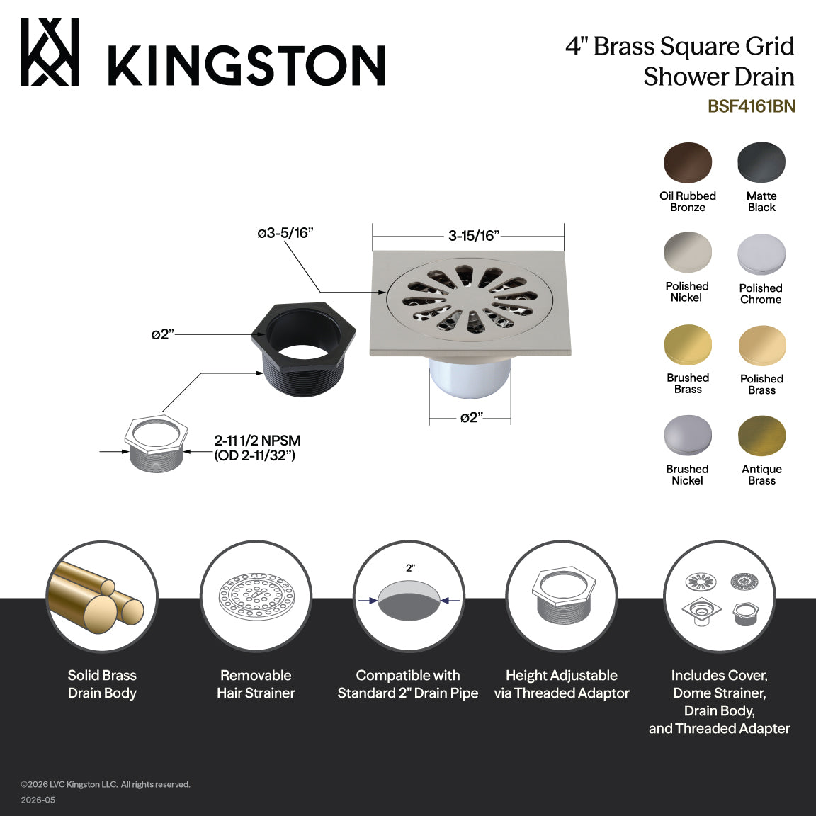 Kingston Watercourse BSF4161MB 4-Inch Brass Square Grid Shower Drain with Hair Strainer, Matte Black