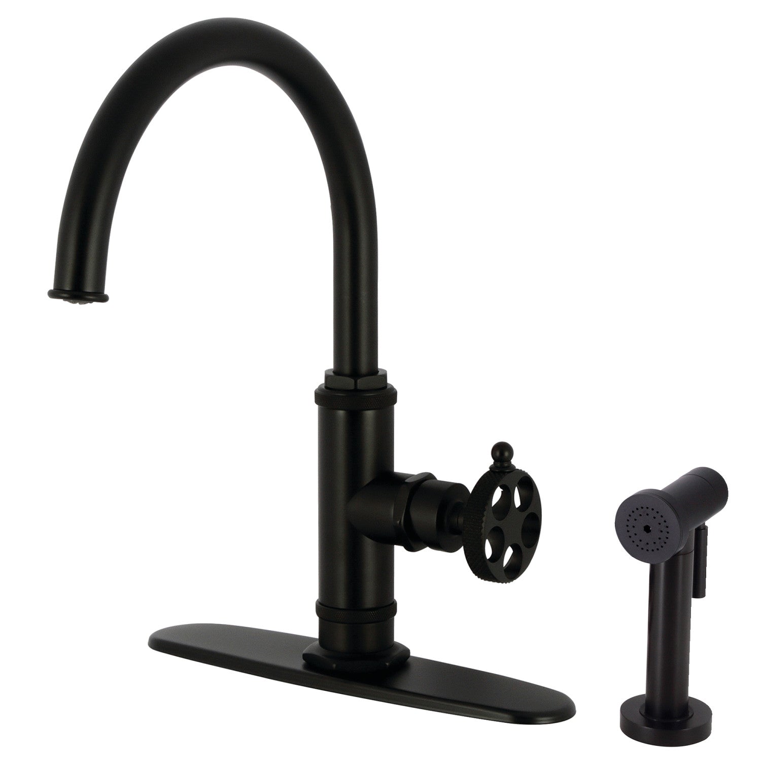 Kingston Sona KS2430RKX - Webb Robinet de cuisine monomanche 1 trou avec poignée moletée et pulvérisateur latéral en laiton, noir mat