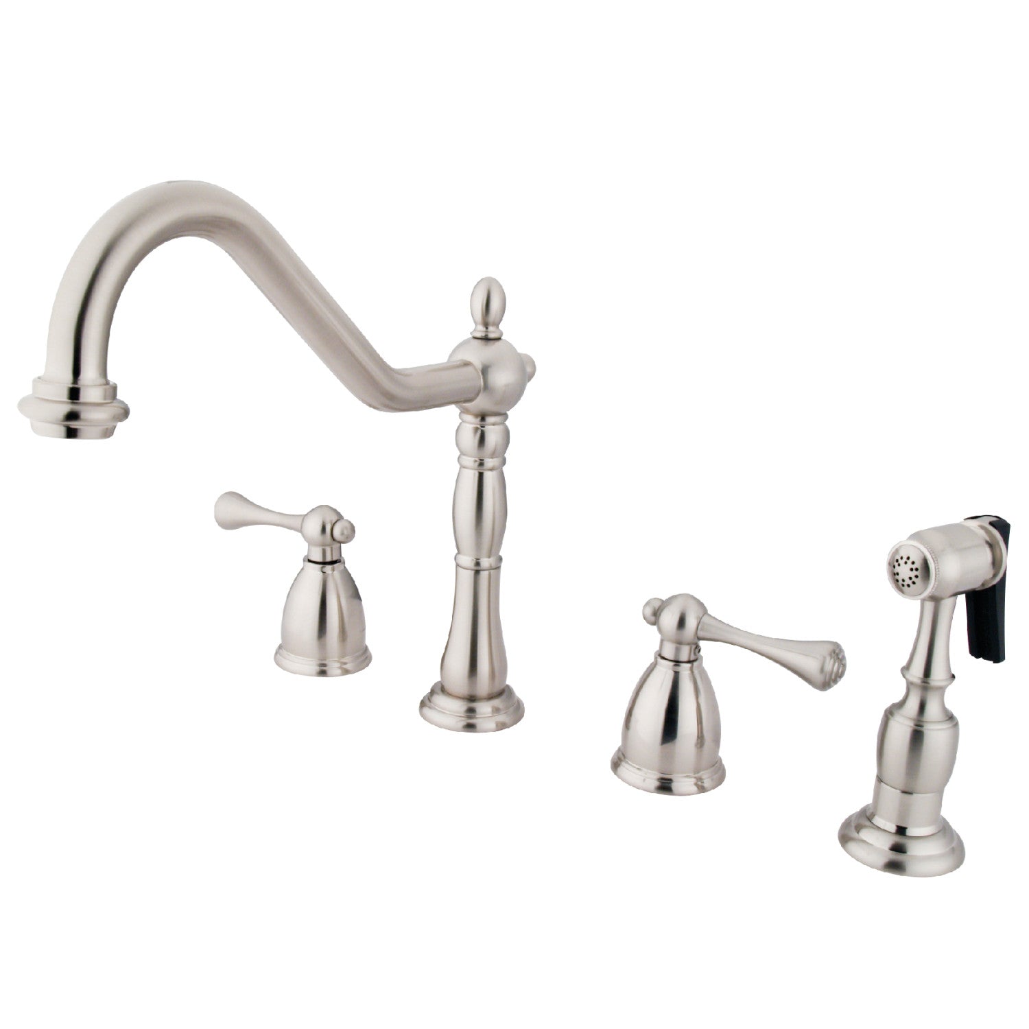 Kingston Heirloom KB1798BLBS - Heritage Double-Handle 4-Hole Widespread Kitchen Faucet with Brass Sprayer, Brushed Nickel