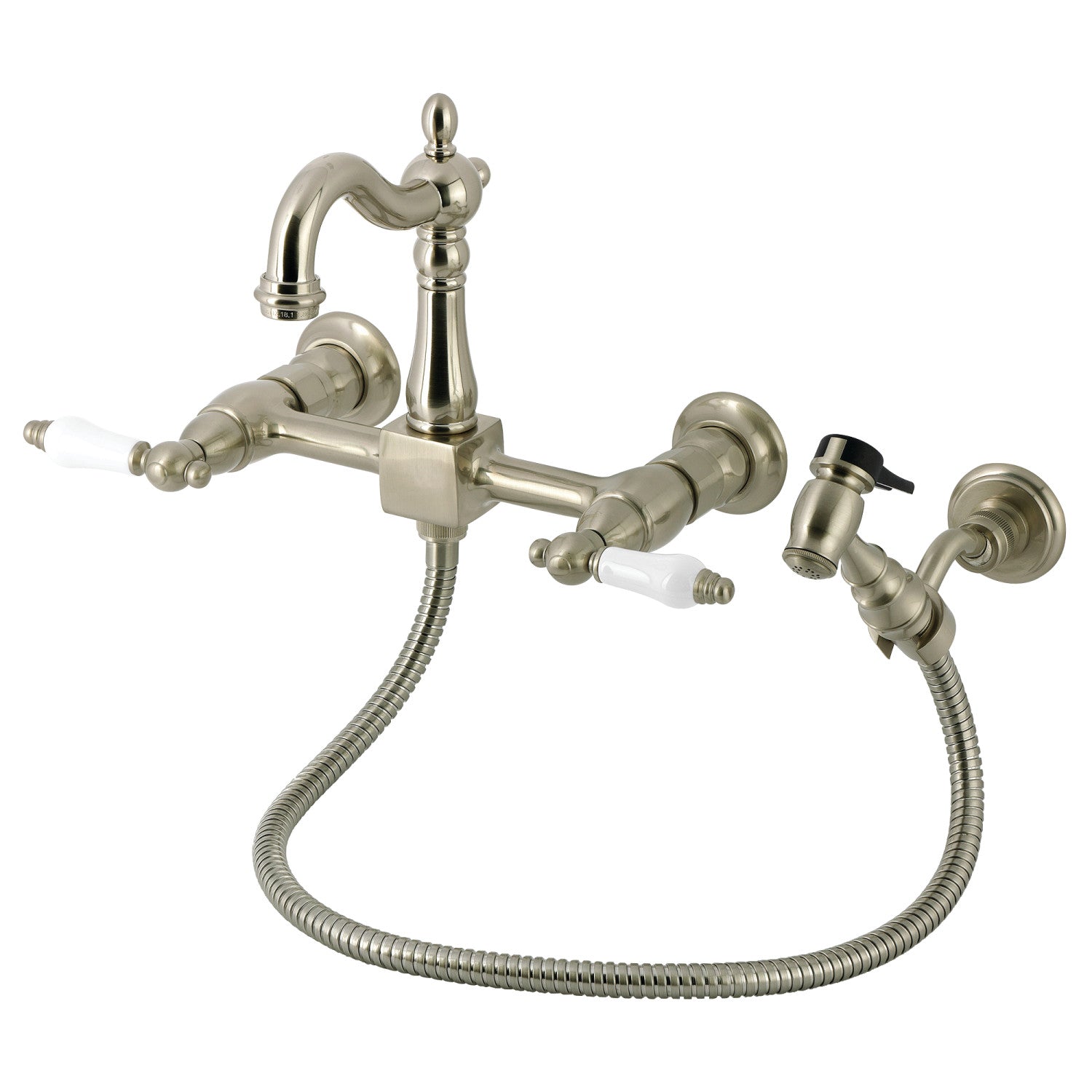 Kingston Heirloom KS2448PLBS - Robinet de cuisine à deux poignées Heritage 3 trous avec pulvérisateur en laiton, nickel brossé