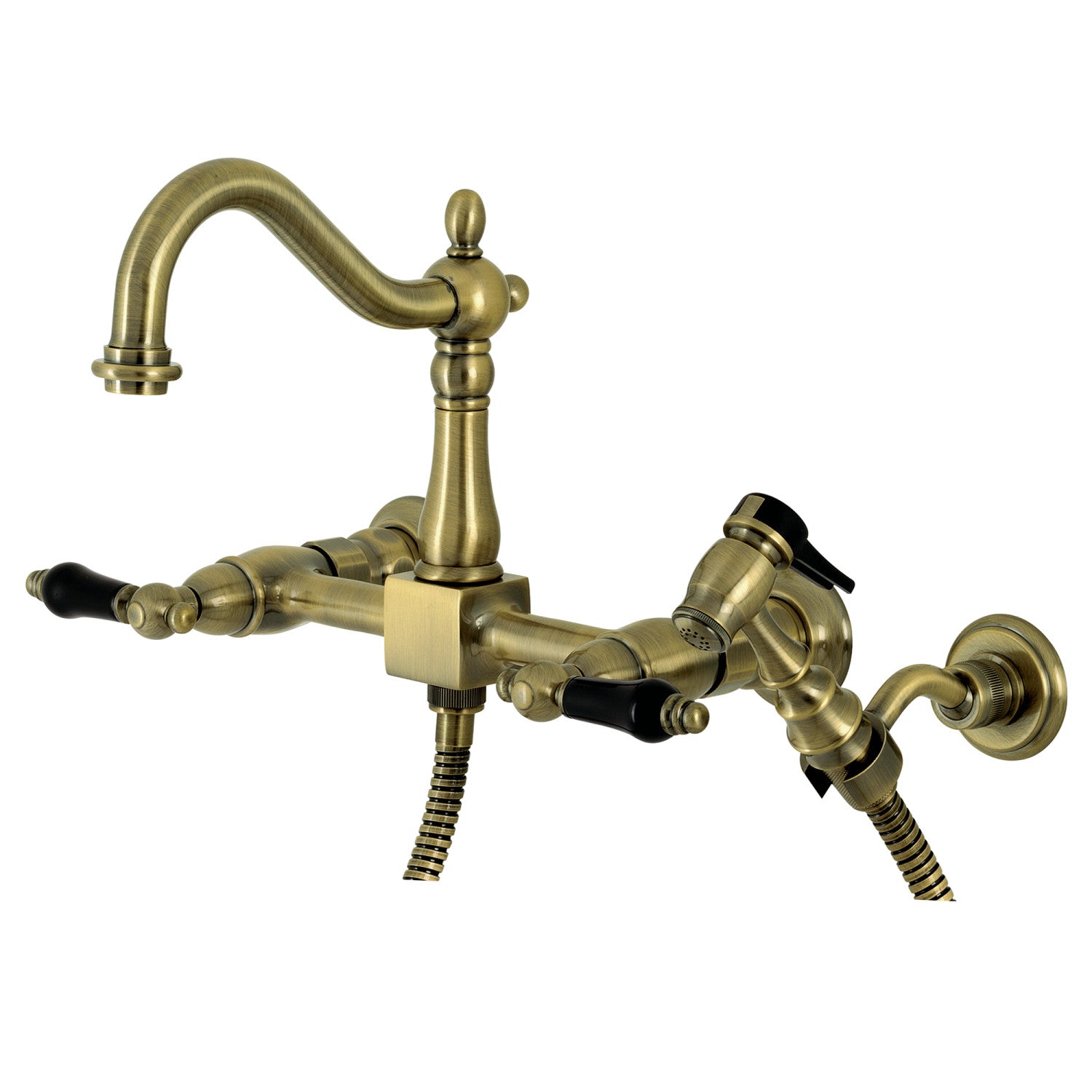 Kingston Heirloom KS1263PKLBS - Robinet de cuisine à deux poignées 3 trous Wall Mount Bridge avec pulvérisateur en laiton, laiton antique