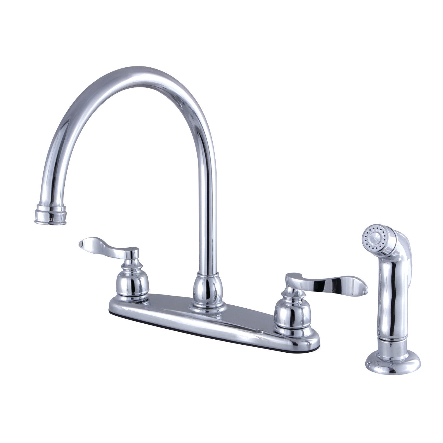 Kingston Tulare FB791NFLSP - NuWave Robinet de cuisine à deux poignées français 4 trous 8" avec pulvérisateur latéral, chrome poli