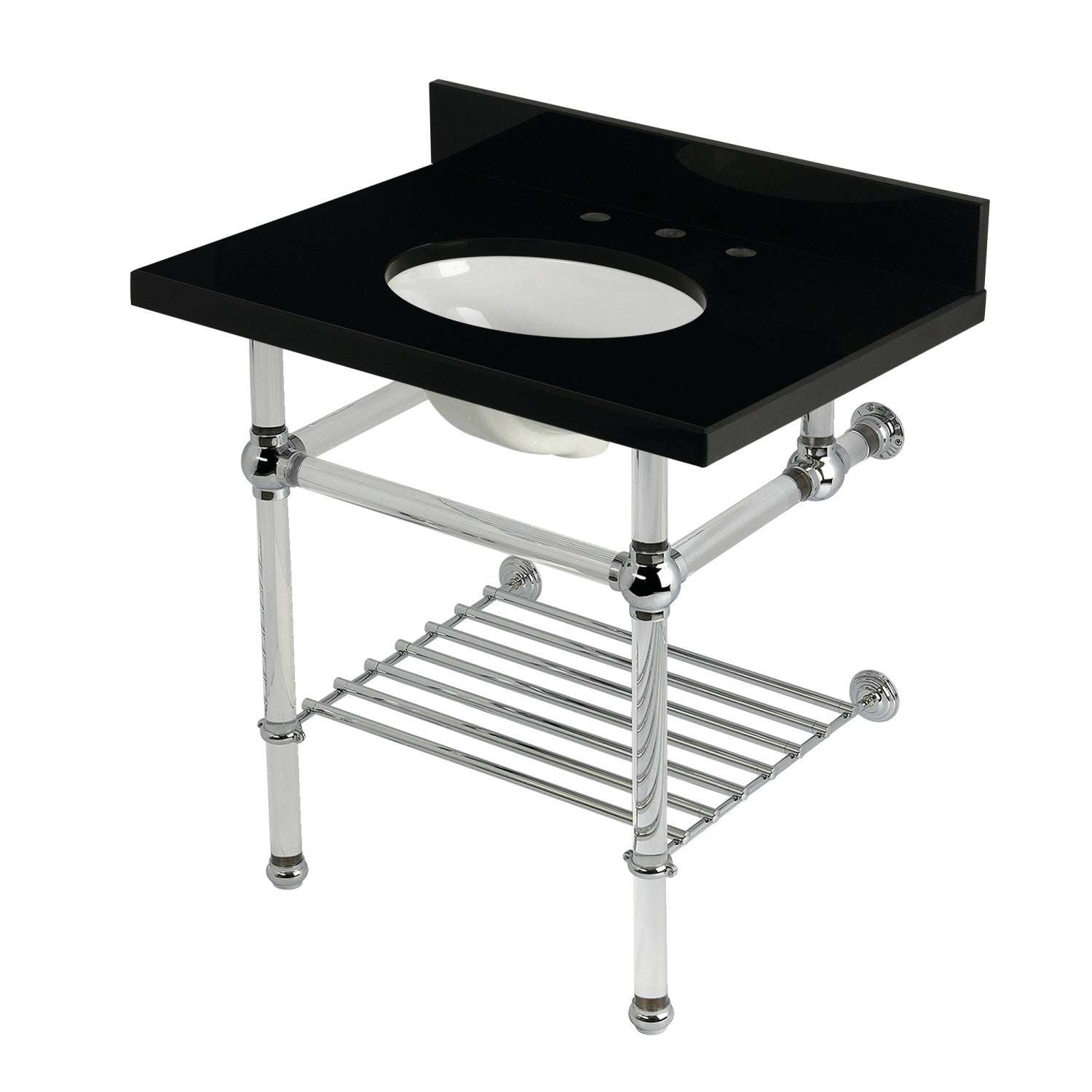 Kingston Tulare KVPK3030KAB1 - Évier à console en granit noir Templeton 30-inch avec pieds et étagère en acrylique (8-inch, 3-hole), granit noir/chrome poli