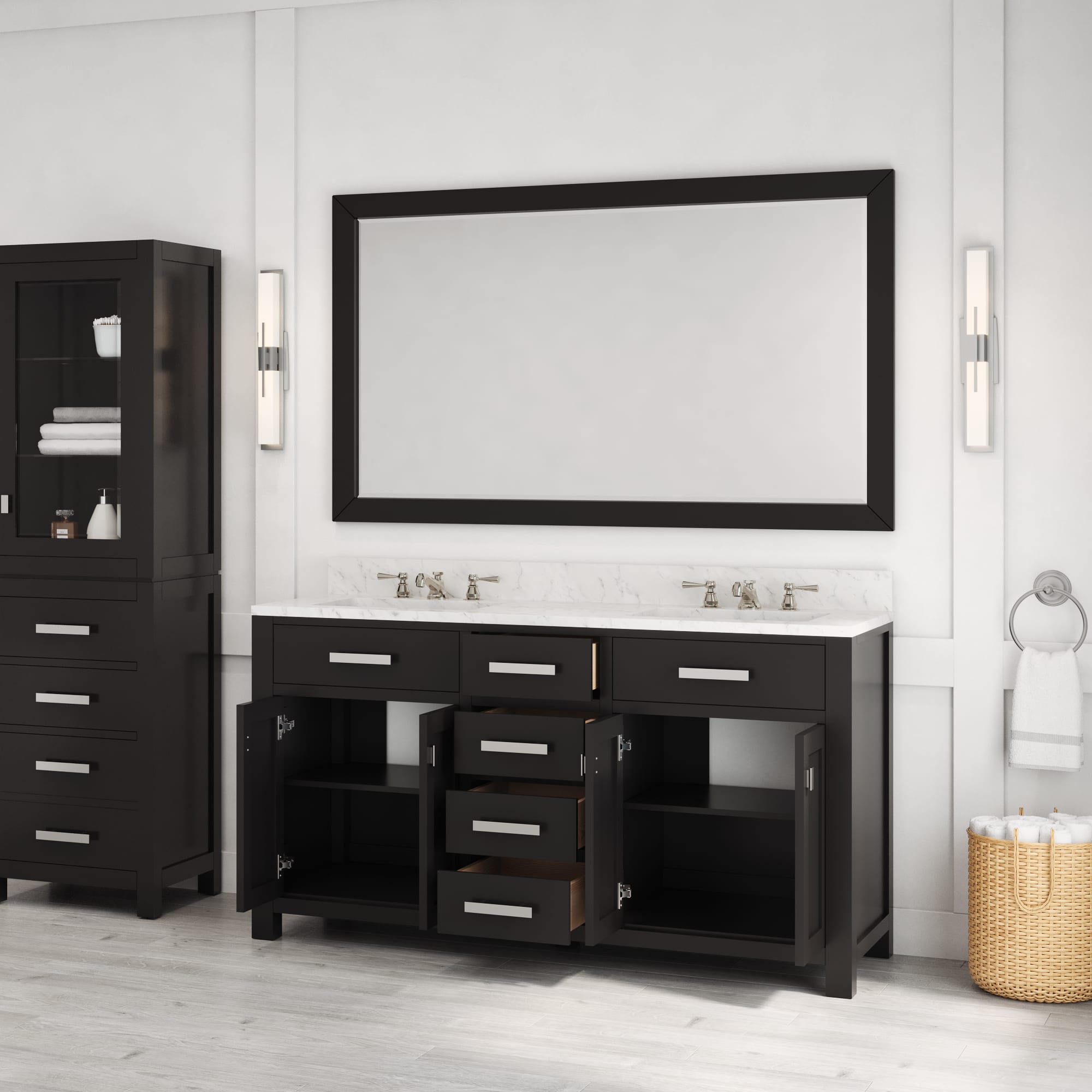 Kingston Luxe MS60CW01ES - 60 in. x 21.5 in. Bathroom Vanity Double Sink with Carrara White Marble Top, Espresso