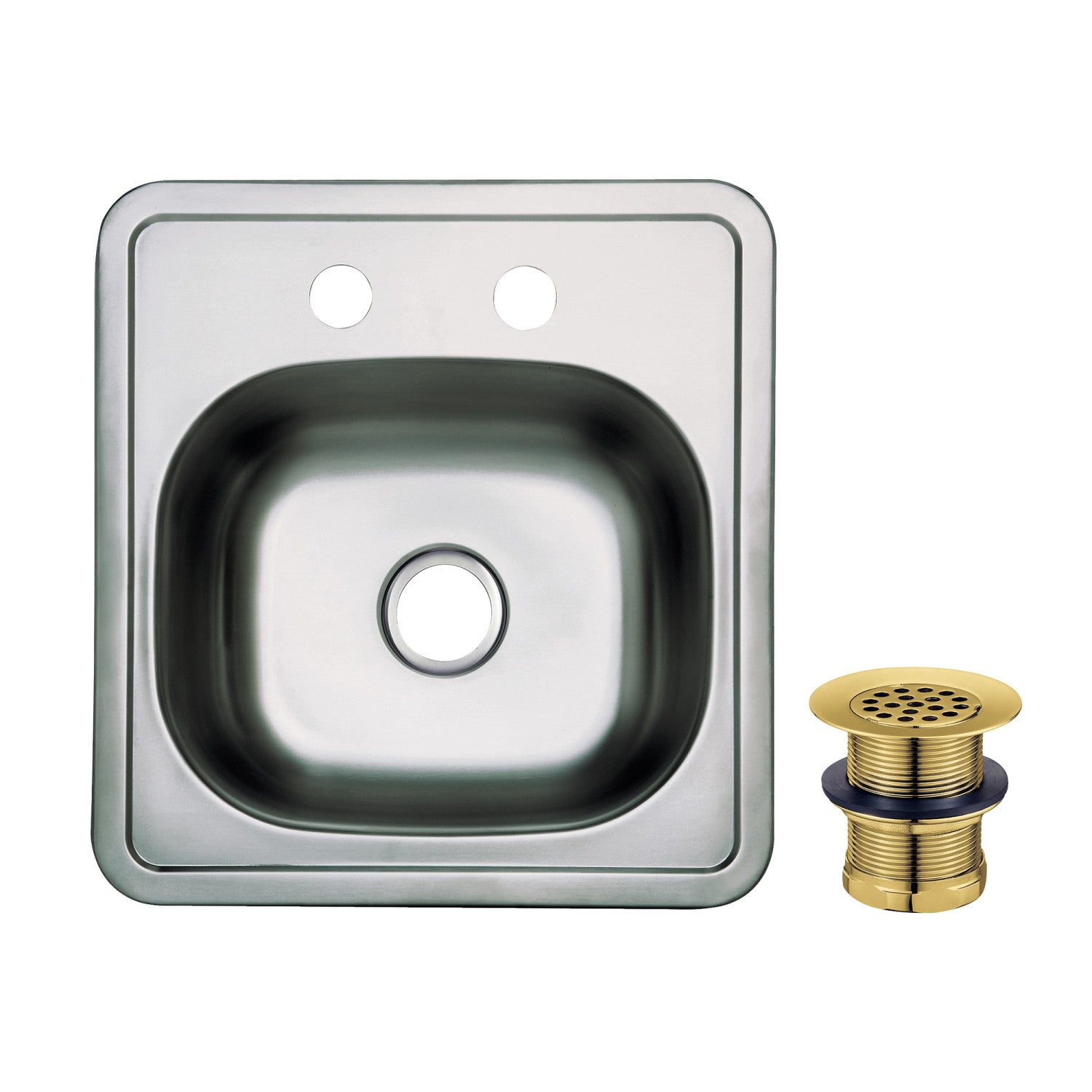 Kingston Tulare KGKTS15157 - Studio 15-Inch Stainless Steel Self-Rimming Single Bowl Drop-In Bar Prep Sink (2-Hole) with Strainer, Brushed Stainless Steel/Brushed Brass
