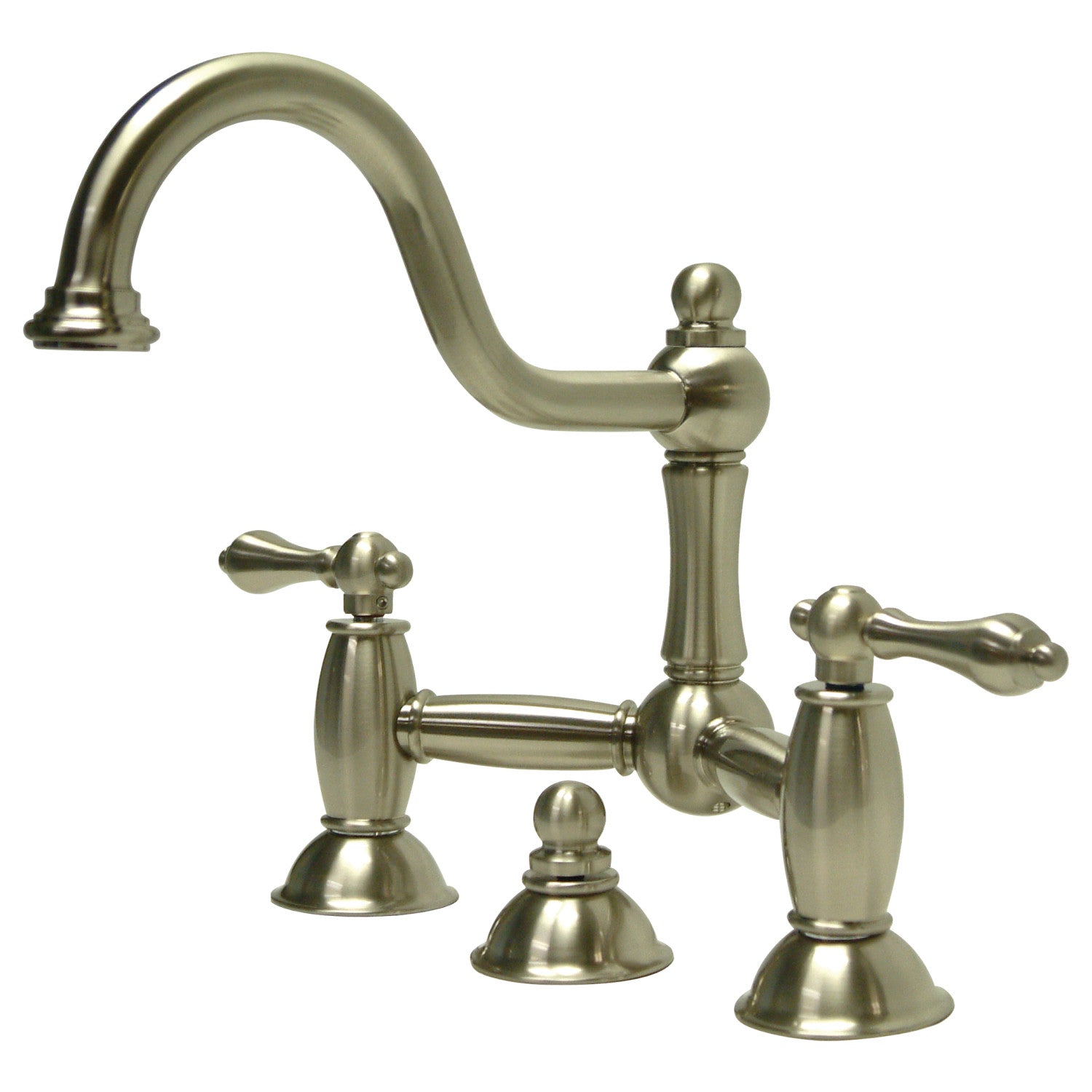 Kingston Heirloom KS3918AL - Robinet de salle de bains à deux poignées 3 trous montage sur plage Bridge avec à tirette en laiton, nickel brossé