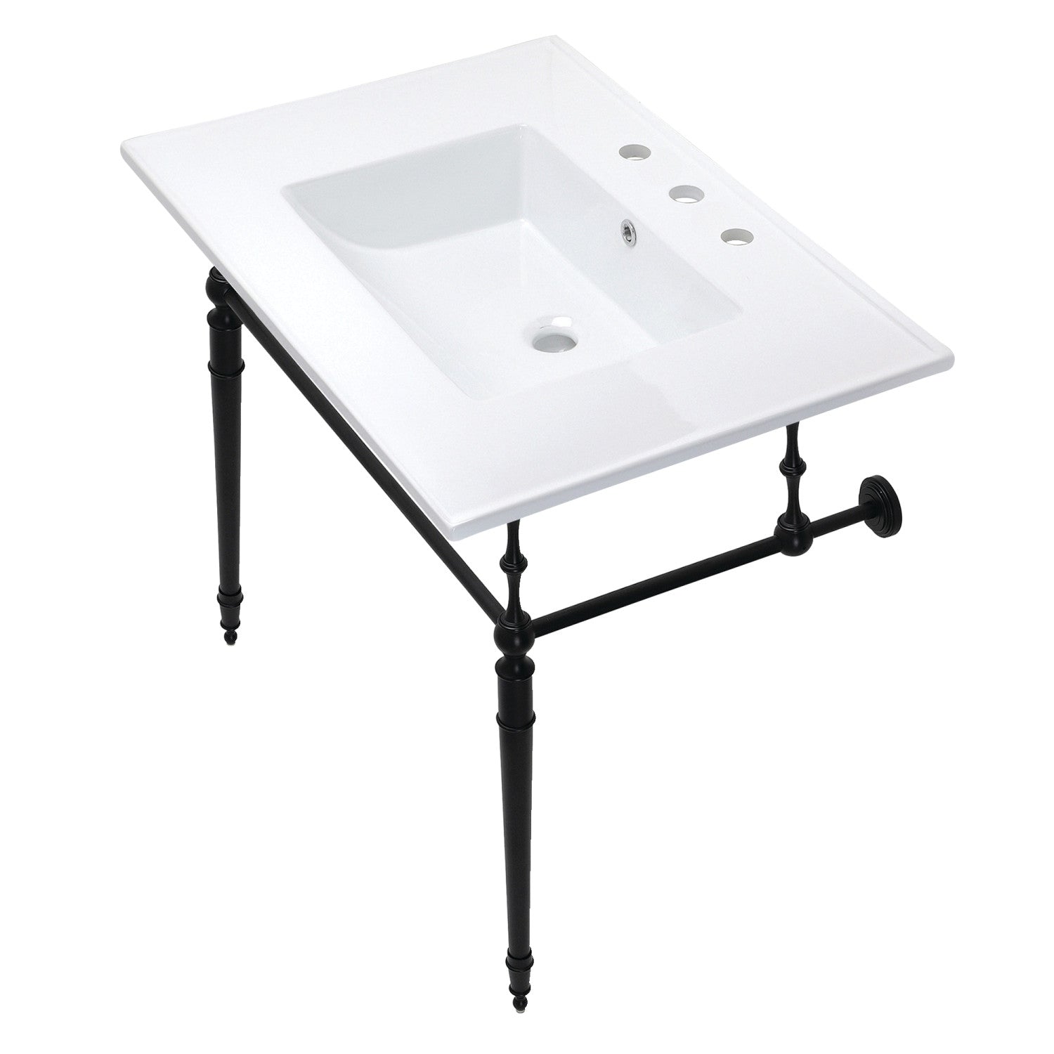 Kingston Heirloom KVPB31227W8MB - Edwardian 31-Inch Ceramic Console Sink with Brass Legs (8-Inch, 3-Hole), White/Matte Black