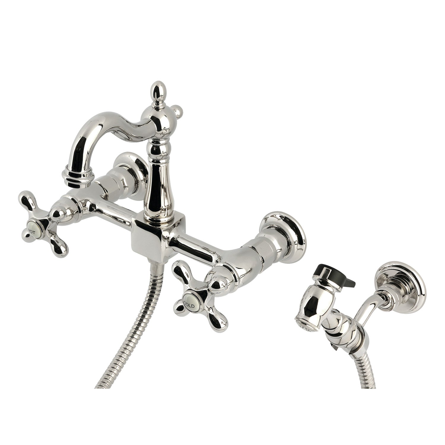 Kingston Heirloom KS2446AXBS - Robinet de cuisine à deux poignées Heritage 3 trous avec pulvérisateur en laiton, nickel poli
