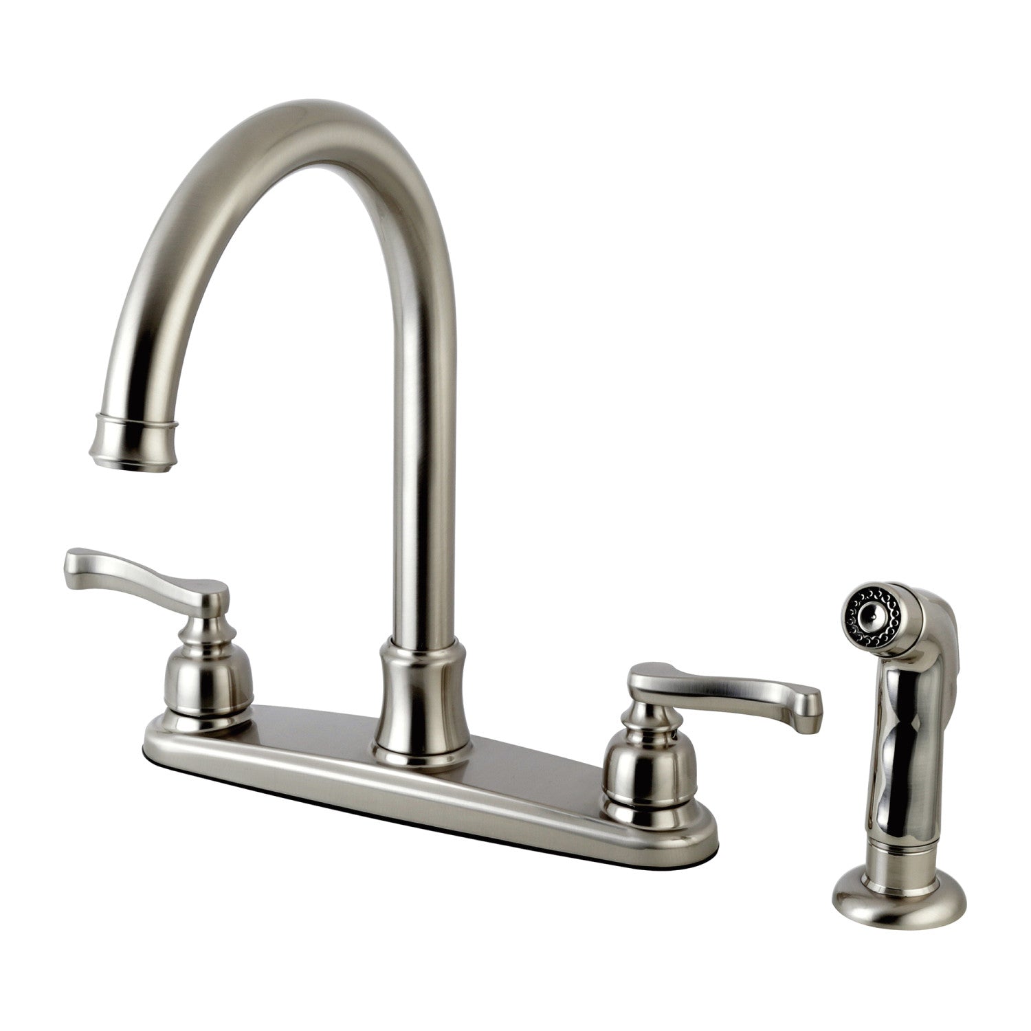 Kingston Tulare FB7798FLSP - Royale Robinet de cuisine à deux poignées 4 trous 8" avec pulvérisateur latéral, Nickel brossé