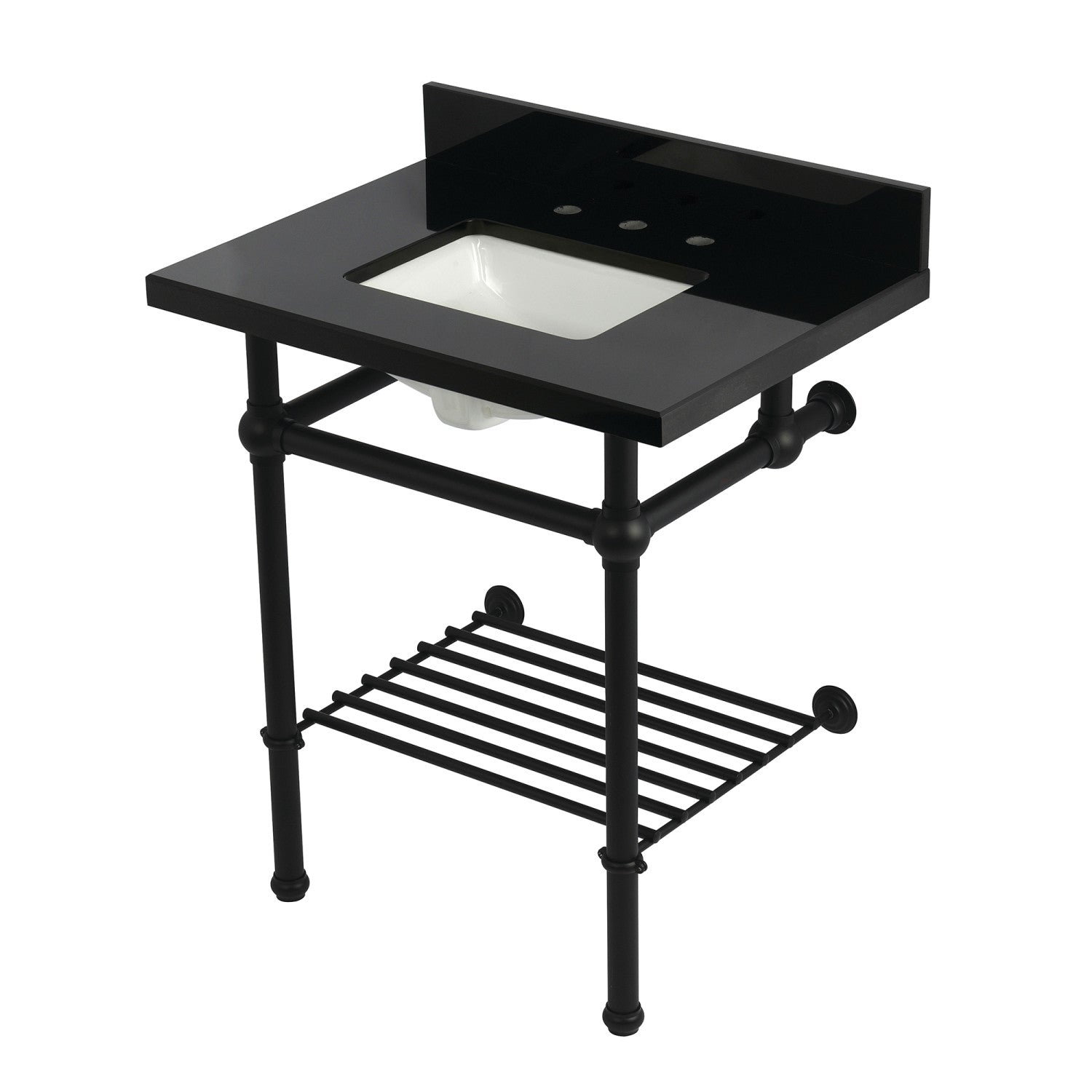 Kingston Heirloom KVPK30KBSQB0 - Évier à console en granit noir Templeton 30-Inch avec pieds et étagère en laiton (8-Inch, 3 trous), noir granit/noir mat