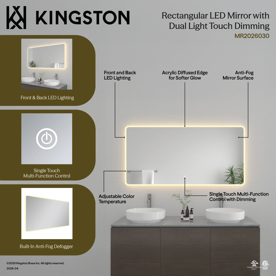 Kingston Aurora MR2026030 30-Inch x 60-Inch LED Bathroom Mirror, Front and Back Light, Anti-Fog, Dimmable Touch Sensor Lighted Mirror, Silver