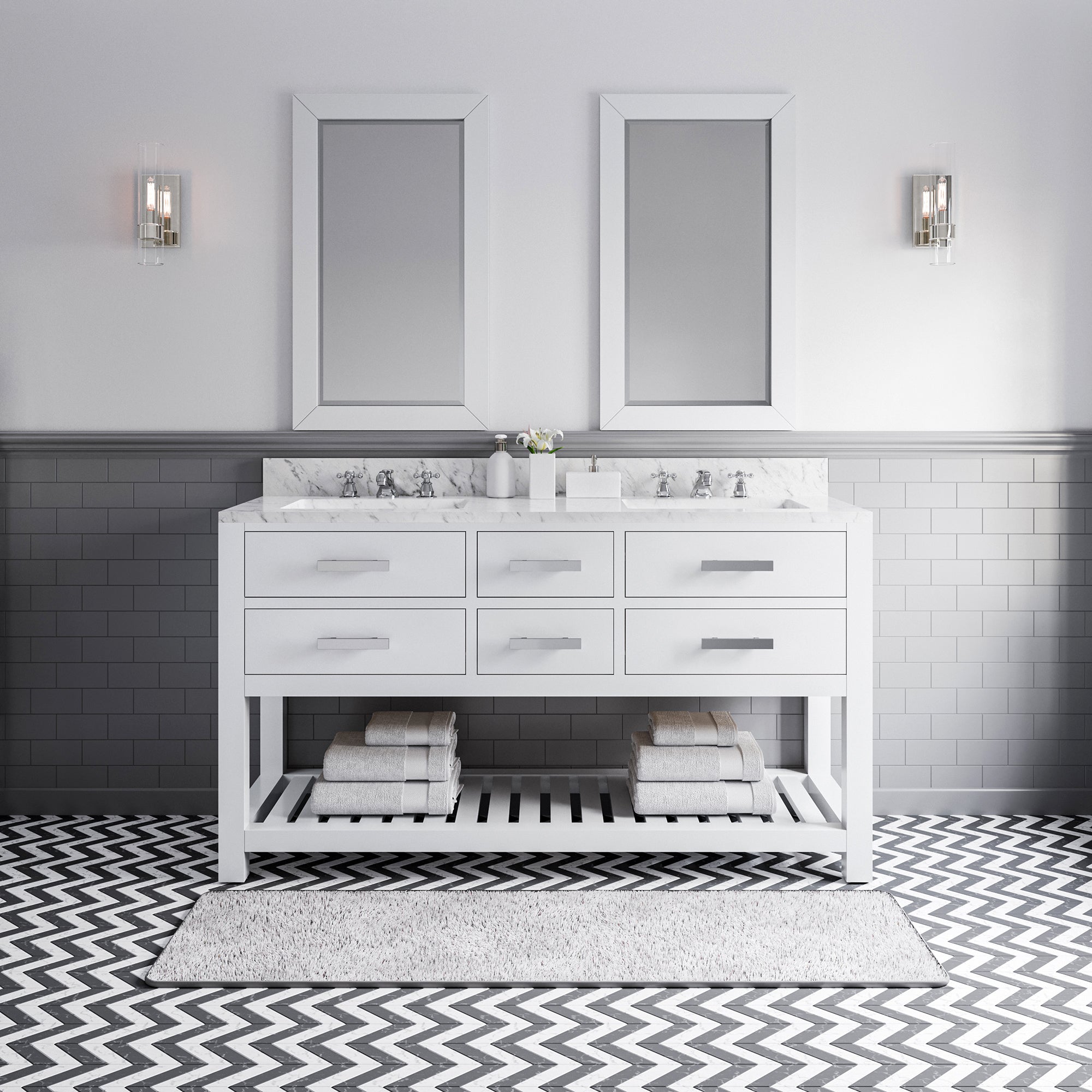 Kingston Luxe MA60CW01PW - 60 in. x 21.5 in. Bathroom Vanity Carrara White Marble Top, Carrara White