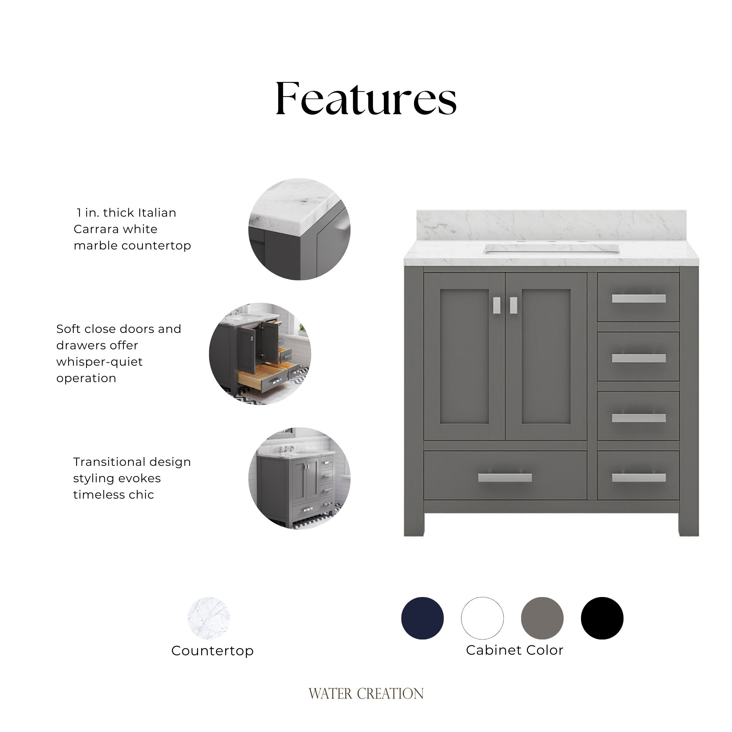 Kingston Luxe MS36CW01CG - 36 in. x 21.5 in. Bathroom Vanity Marble Top in Carrara White and White Basin, Gray