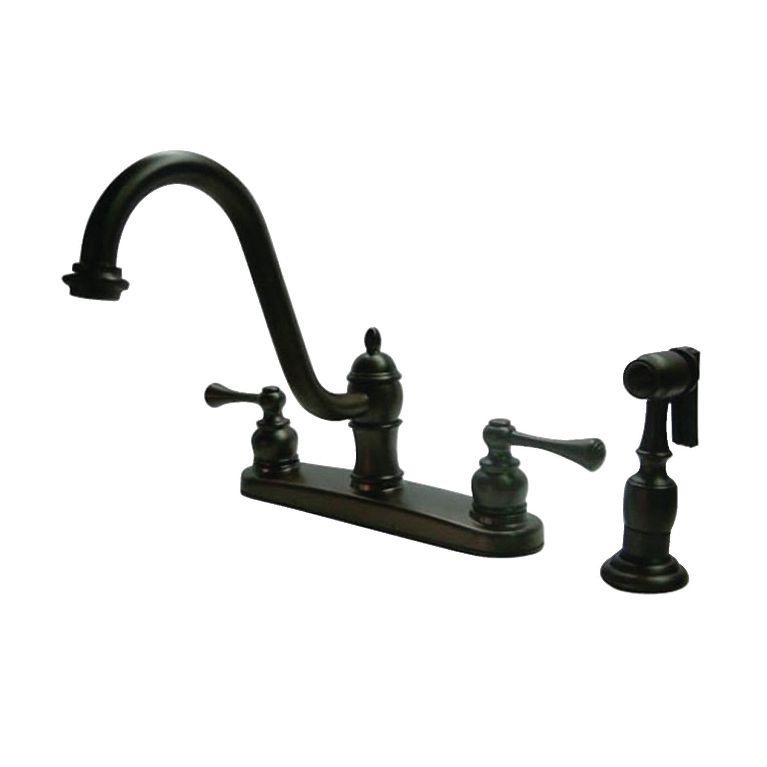 Kingston KB3115BLBS Robinet de cuisine à deux poignées 4 trous 8" avec pulvérisateur en laiton, bronze frotté à l'huile