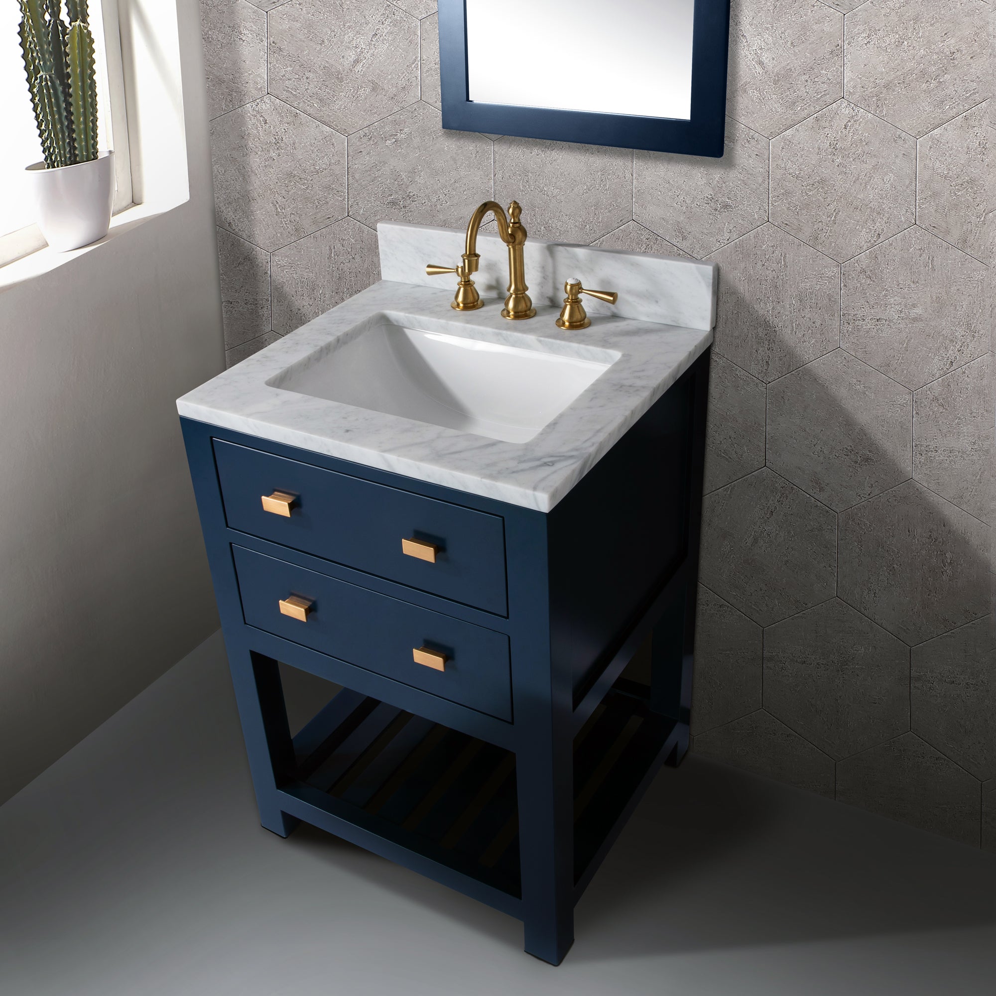 Kingston Luxe MA24CW06MB - 24 in. x 21.5 in. Bathroom Vanity Carrara White Marble Top and White Basin, Monarch Blue