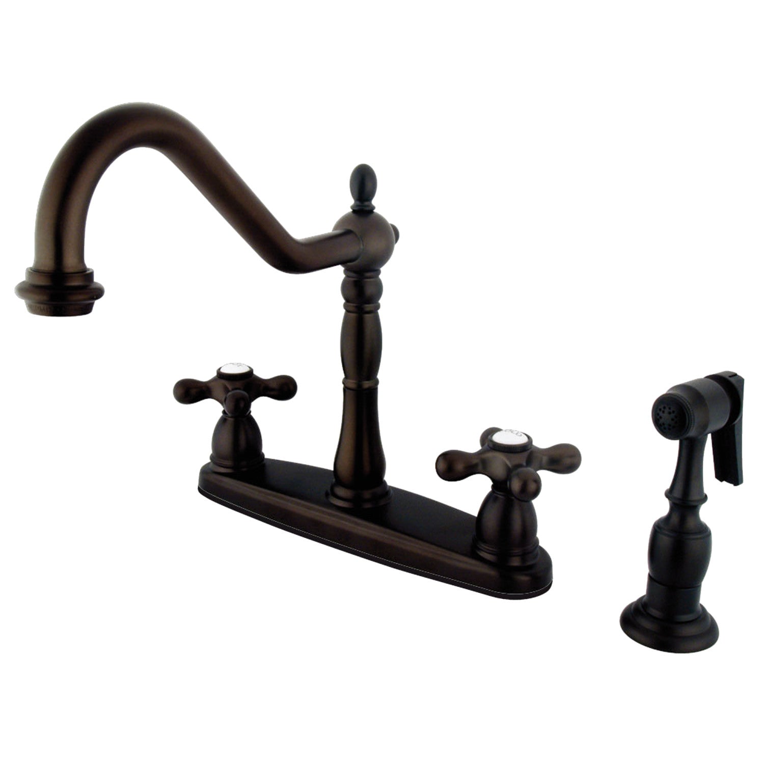 Kingston Heirloom KB1755AXBS - Robinet de cuisine central à deux poignées Heritage 4 trous 8" avec pulvérisateur en laiton, bronze huilé