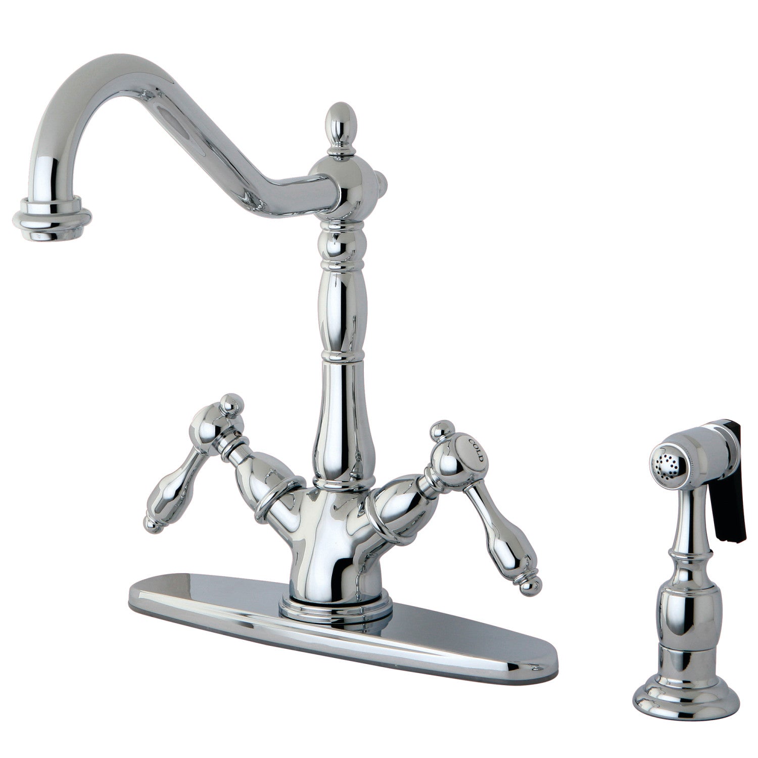 Kingston Heirloom KS1231TALBS - Robinet de cuisine à deux poignées Tudor 2-or-4 avec pulvérisateur en laiton, chrome poli