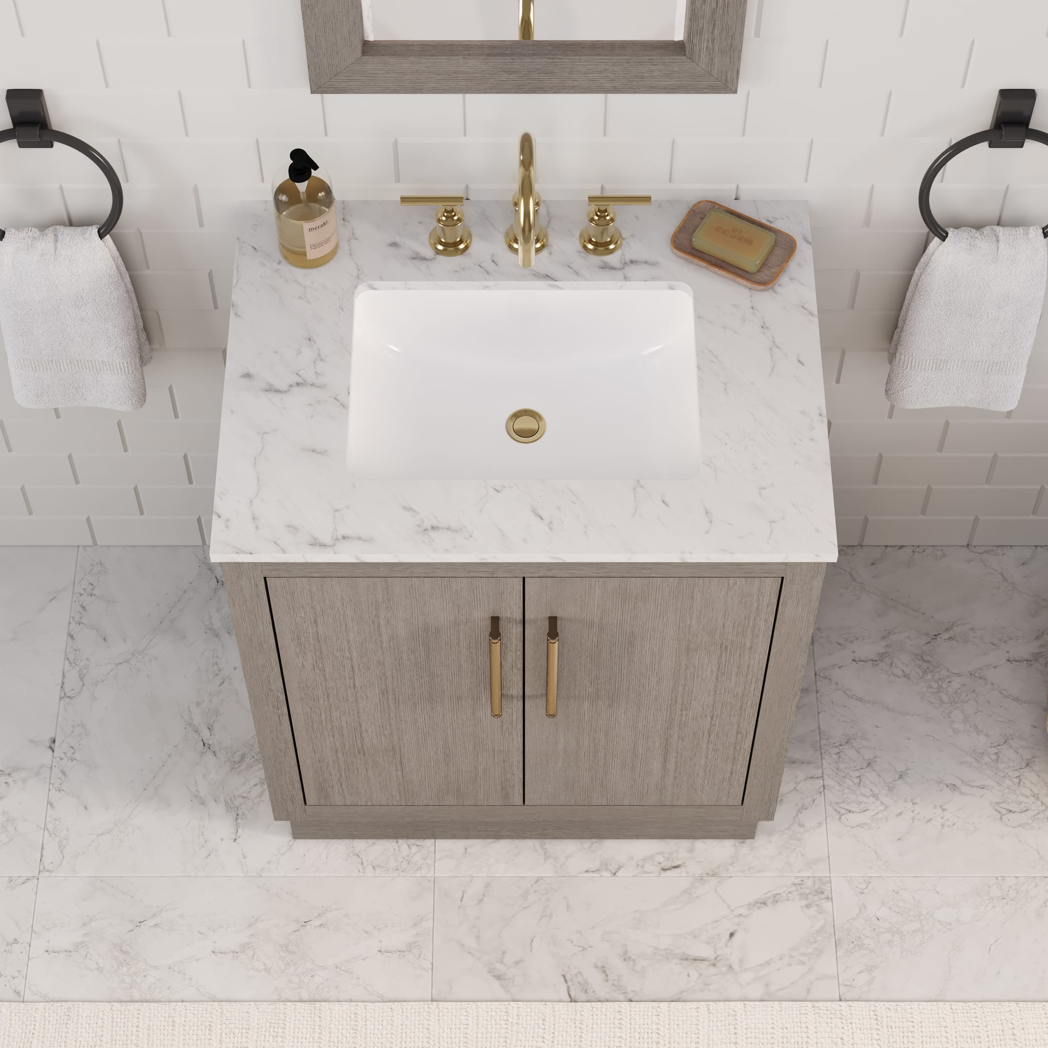 Kingston Luxe HU30CW06GK - 30 in. x 22 in. Bathroom Vanity Marble Top and White Basin, Grey Oak